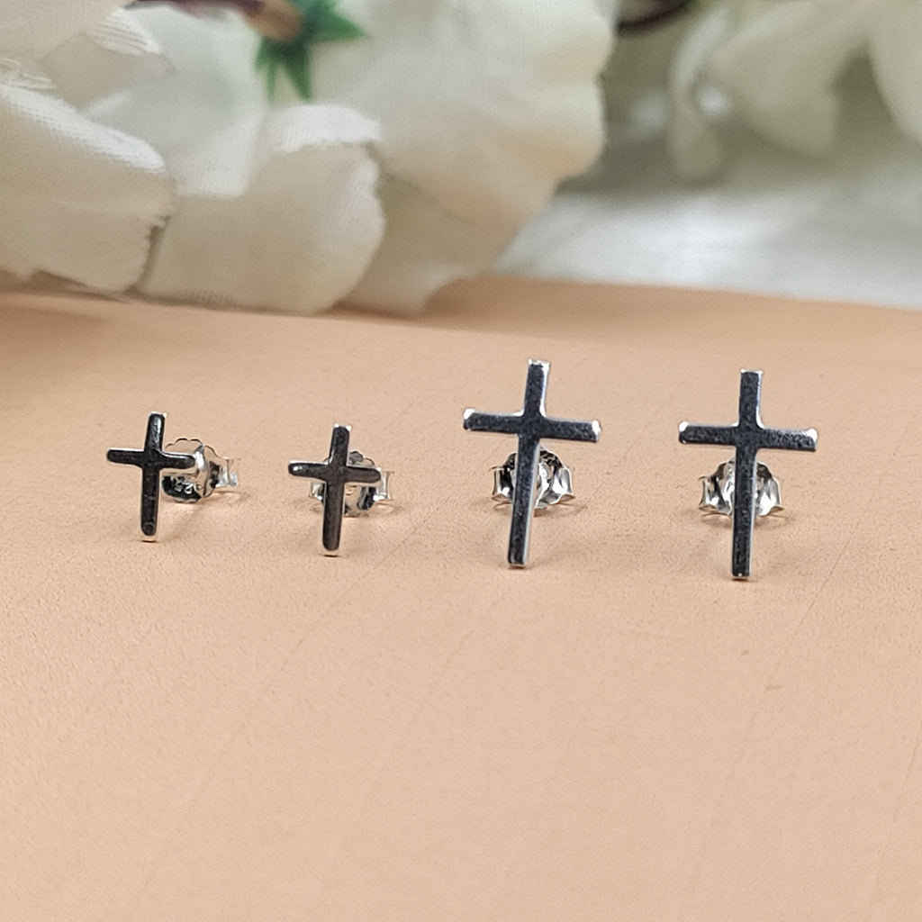 Silver Cross Flathead Back Earring Spritual Gift Minimalist Handmade Baptism gift Stud with Pushback 925 Sterling Free shipping