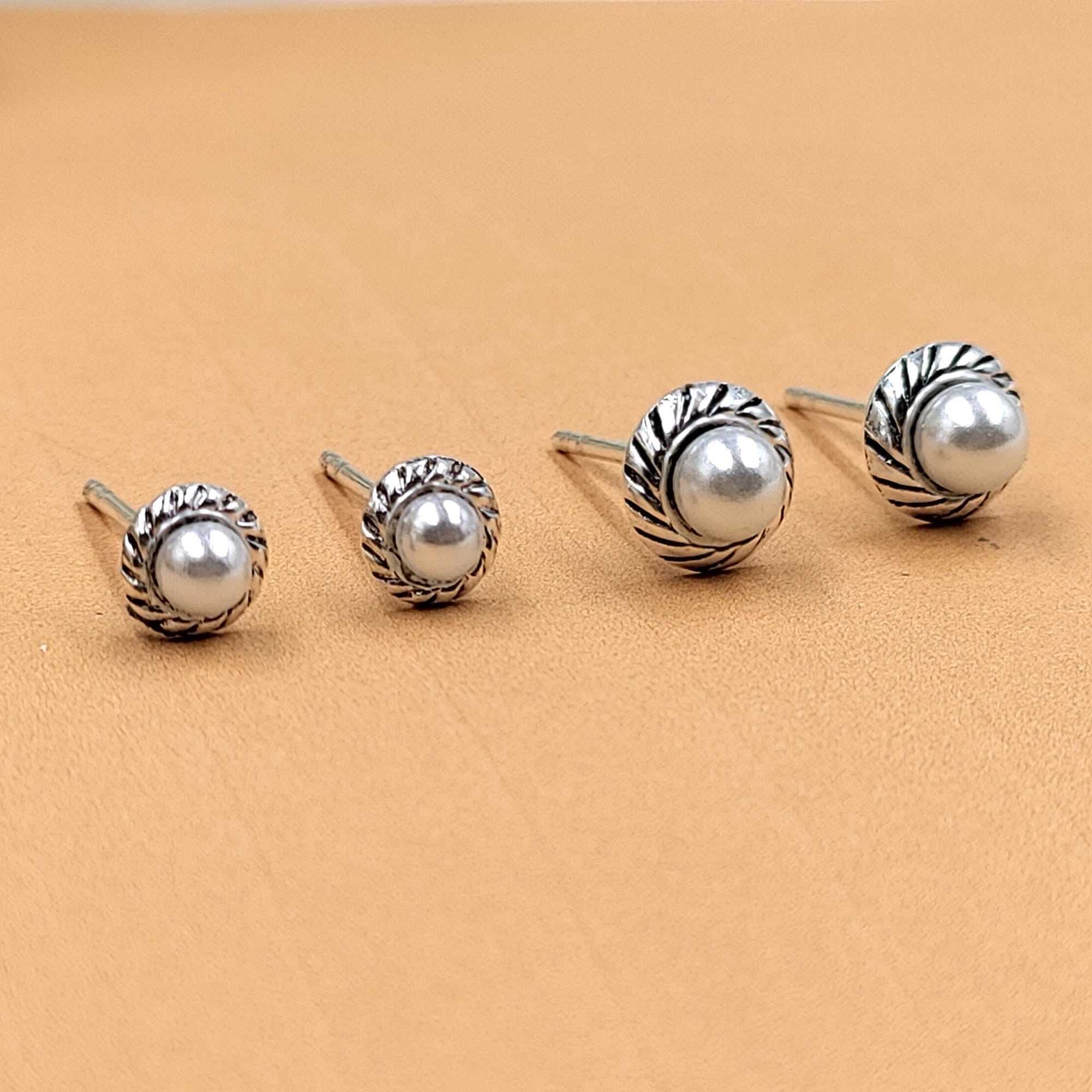 Silver Pearl Round Stud Earrings Silver Oxidised Stud Earrings Vintage Jewel Art Handmade Gift Solid 925 Gift for Mother Sister