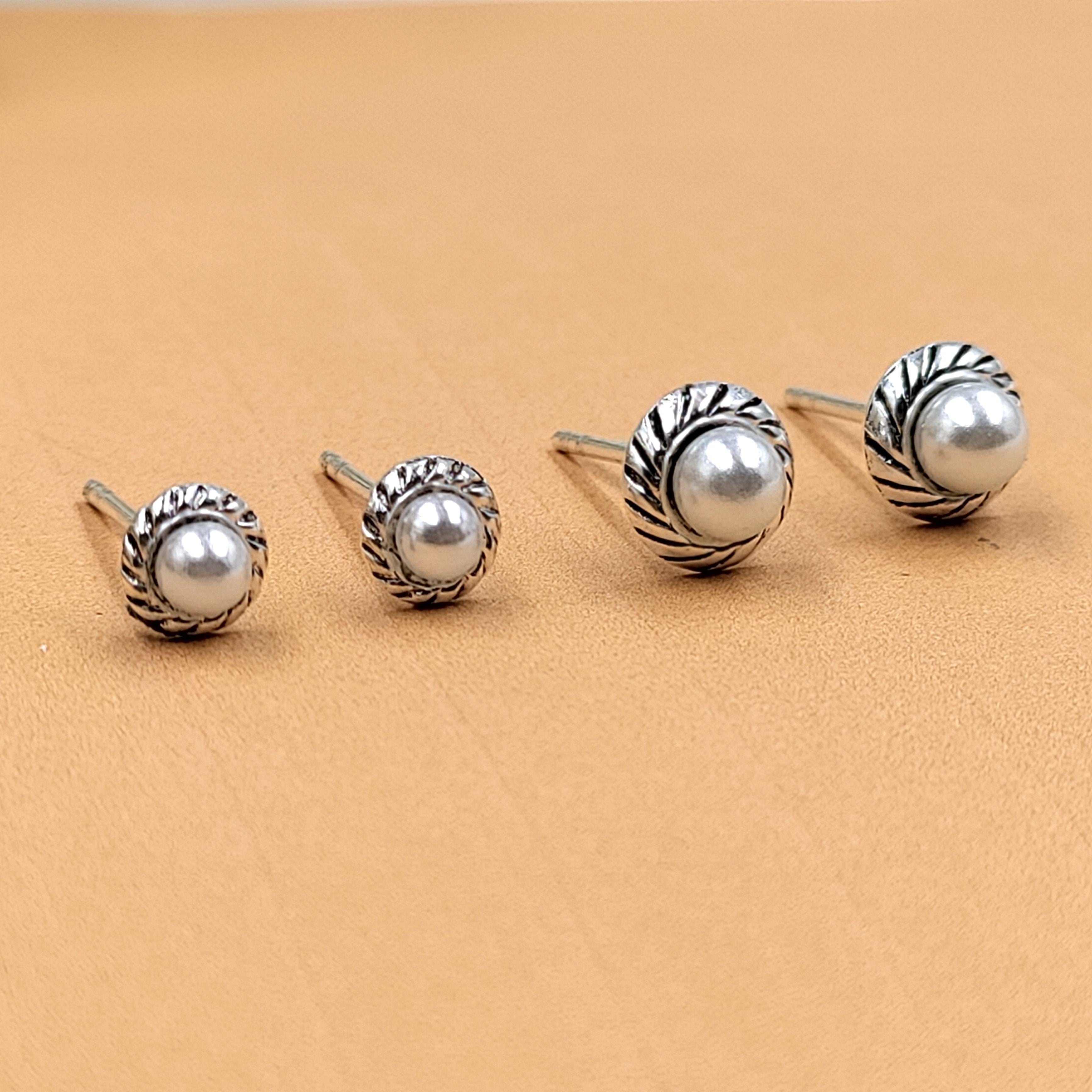 Silver Pearl Round Stud Earrings Silver Oxidised Stud Earrings Vintage Jewel Art Handmade Gift Solid 925 Gift for Mother Sister