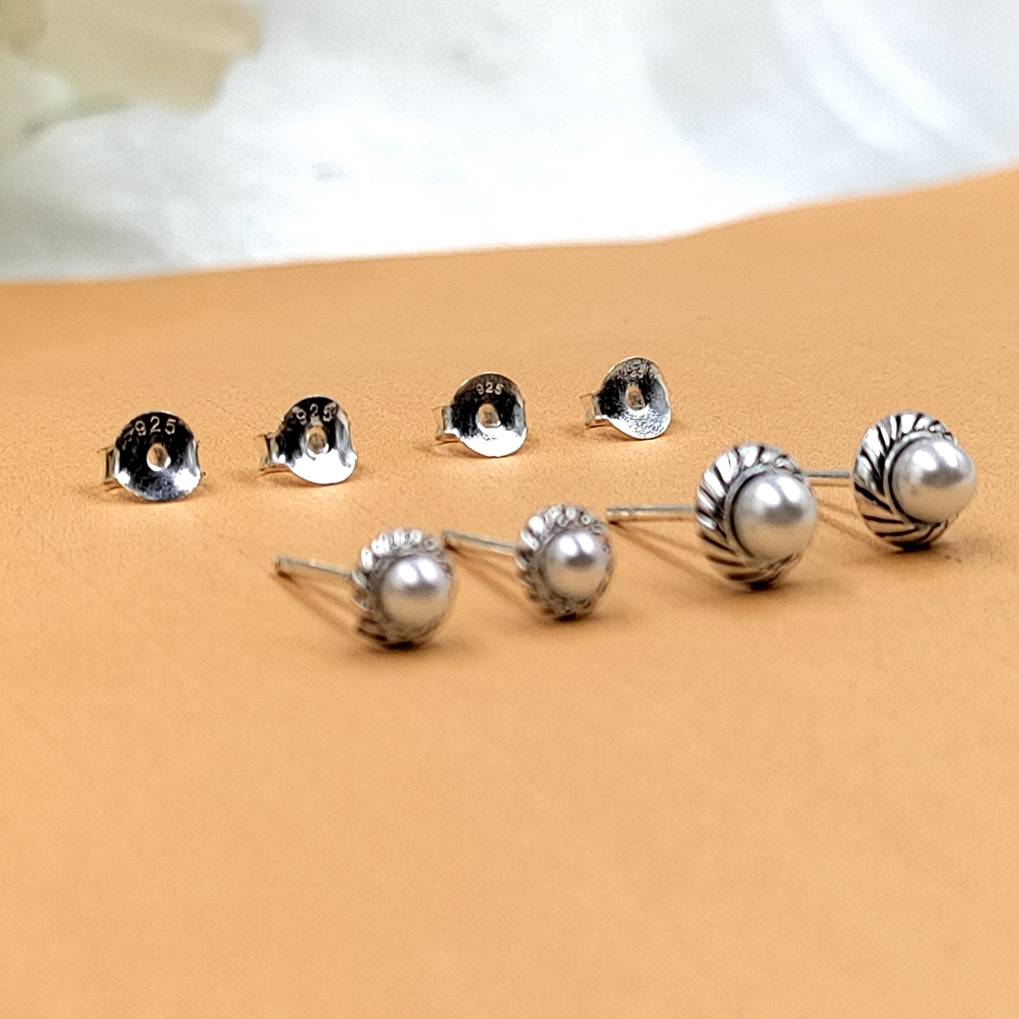 Silver Pearl Round Stud Earrings Silver Oxidised Stud Earrings Vintage Jewel Art Handmade Gift Solid 925 Gift for Mother Sister
