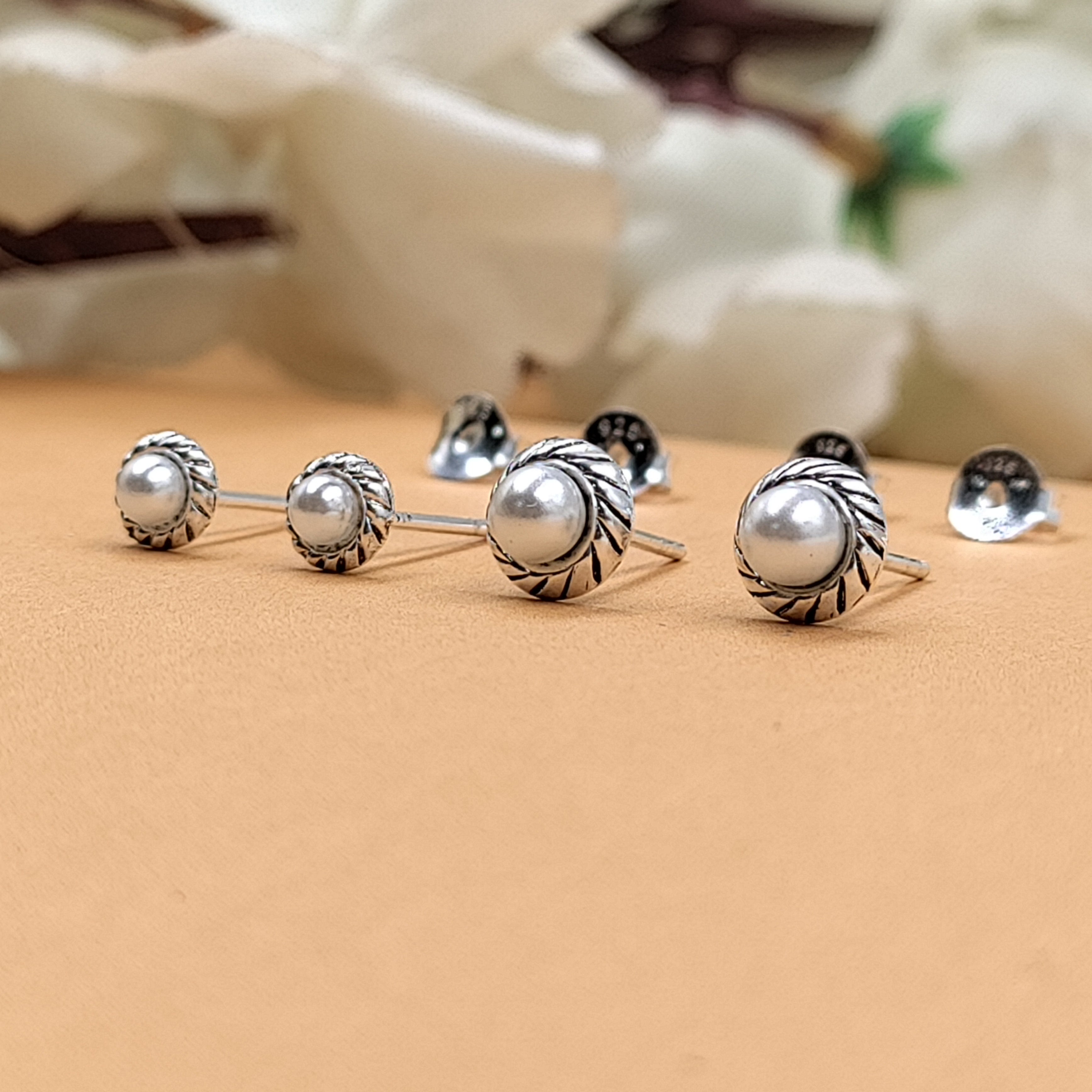 Silver Pearl Round Stud Earrings Silver Oxidised Stud Earrings Vintage Jewel Art Handmade Gift Solid 925 Gift for Mother Sister