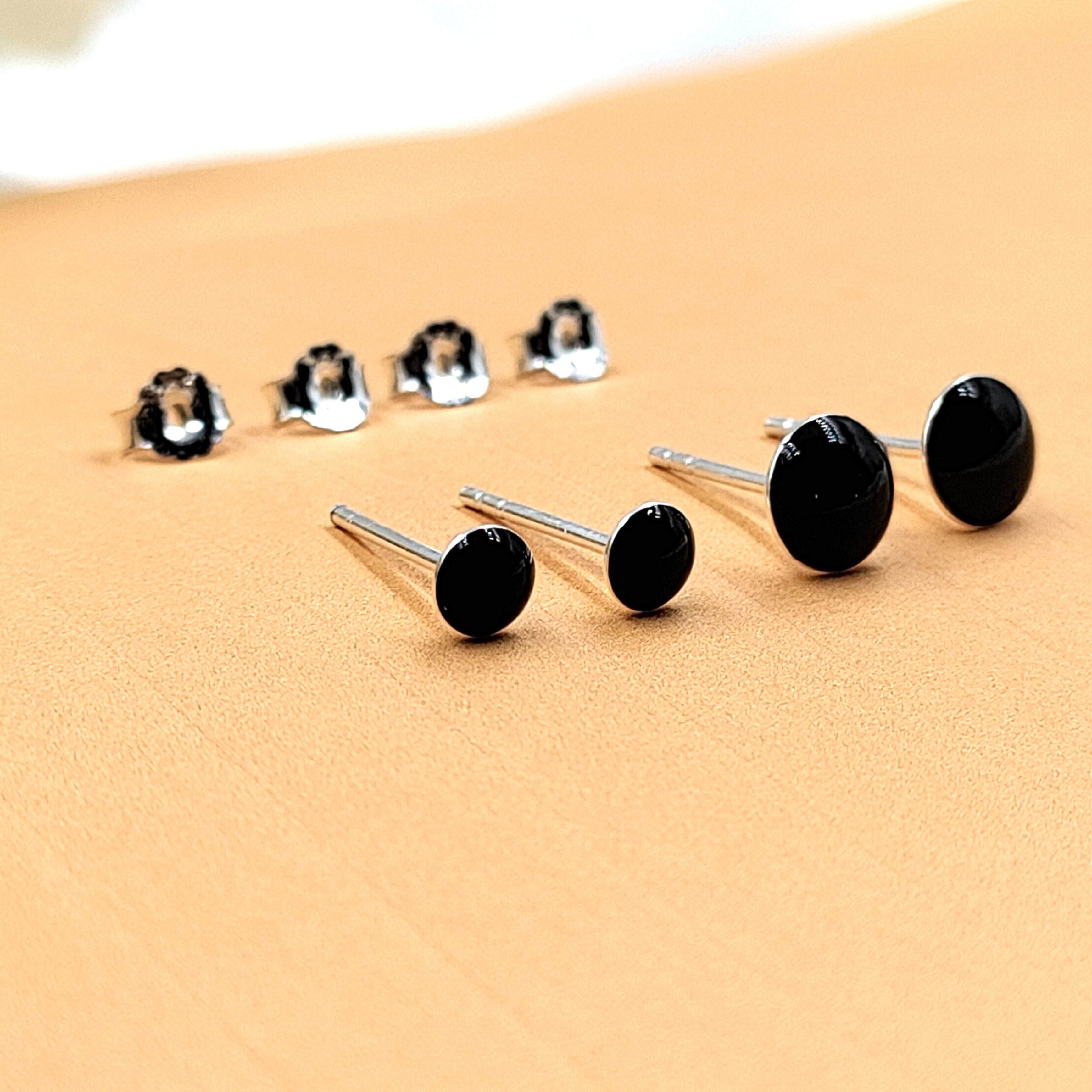 Black Round Stud Earring Silver Stud Earrings 925 Simple Jewelry Enamel Stud Handmade Gift for Black Lover Jwelery for Mother Daughter