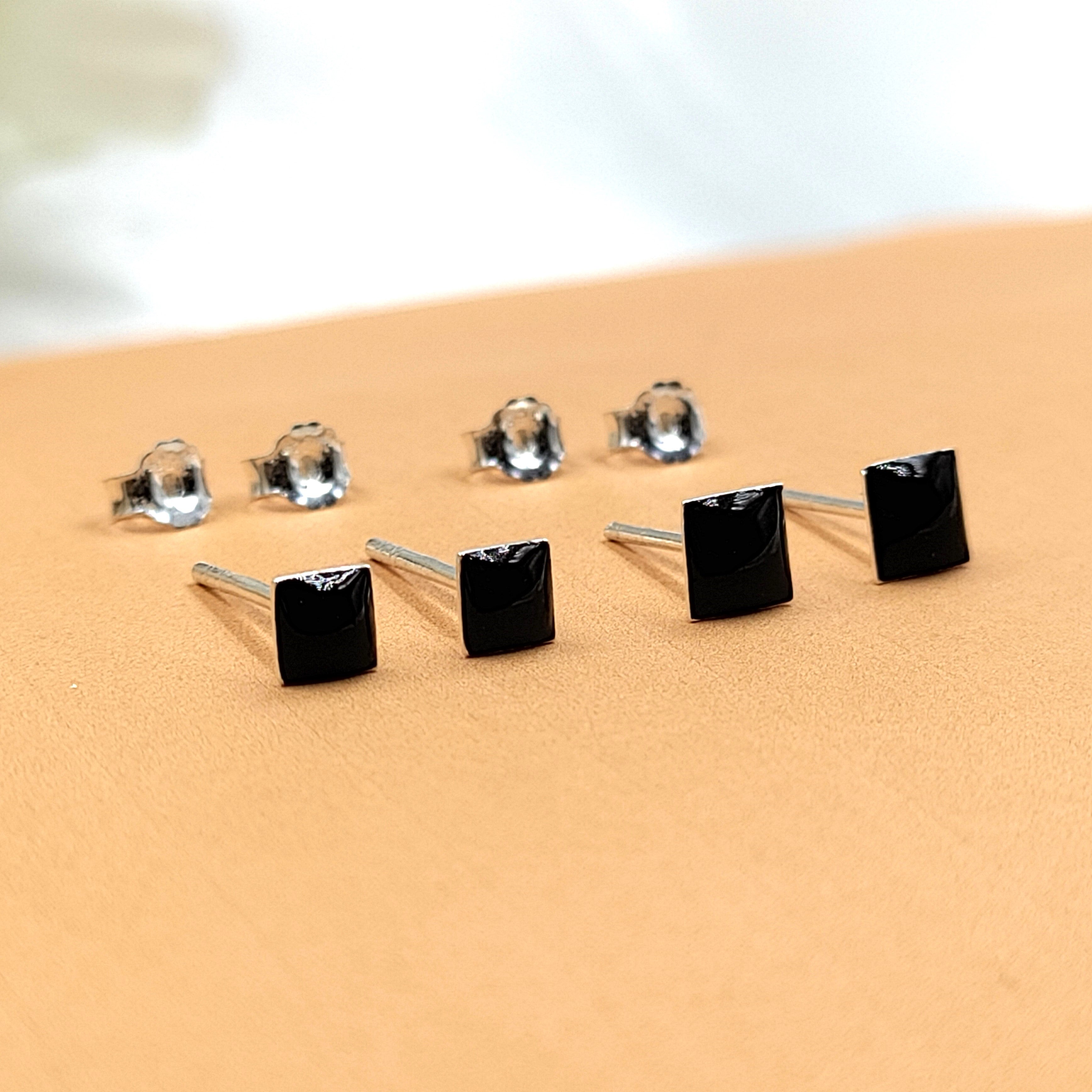 Black Square Stud Earring Silver Stud Earrings 925 Cubic Jewelry Enamel Stud Handmade Gift Gift for Black Lover Jwelery for Mother Daughter