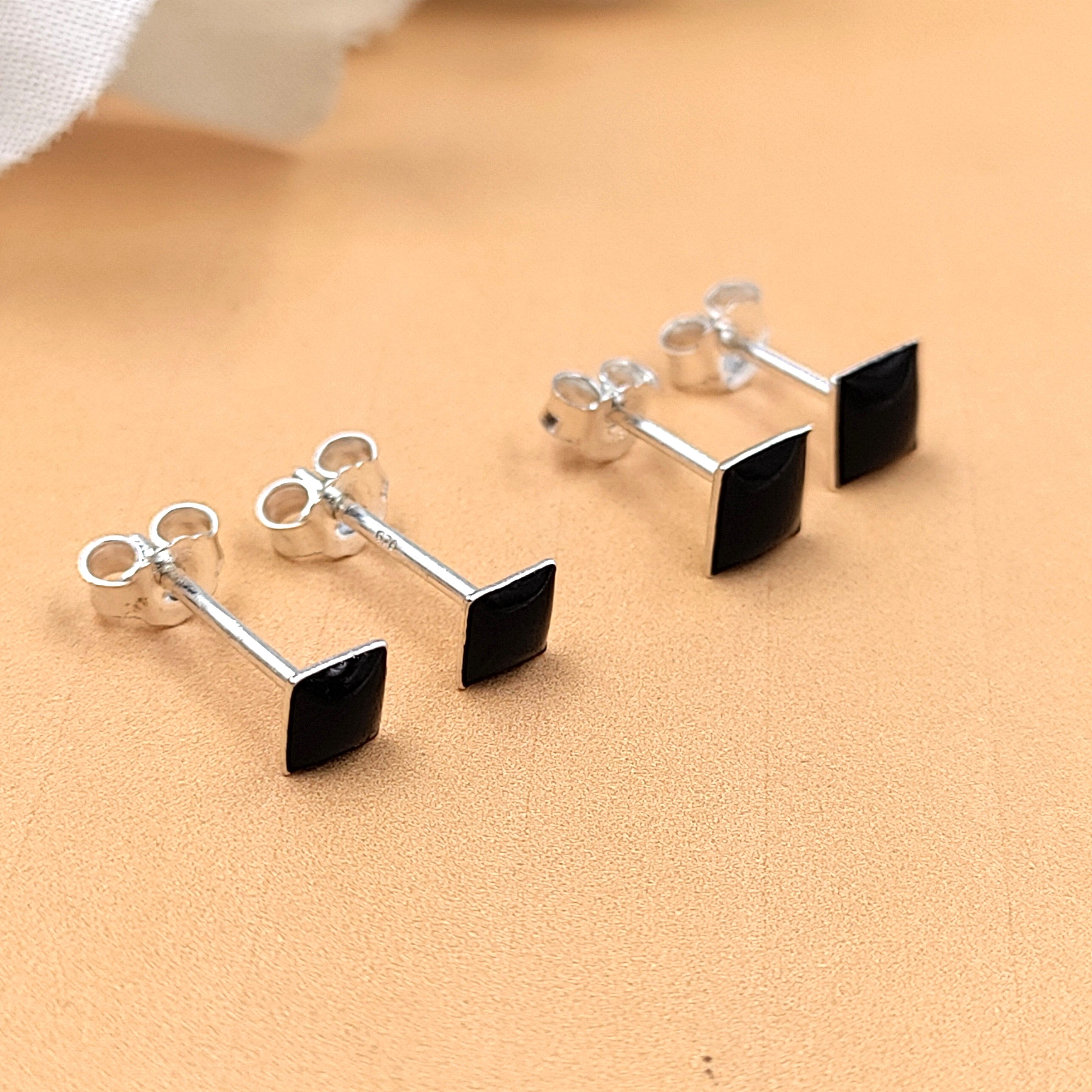 Black Square Stud Earring Silver Stud Earrings 925 Cubic Jewelry Enamel Stud Handmade Gift Gift for Black Lover Jwelery for Mother Daughter