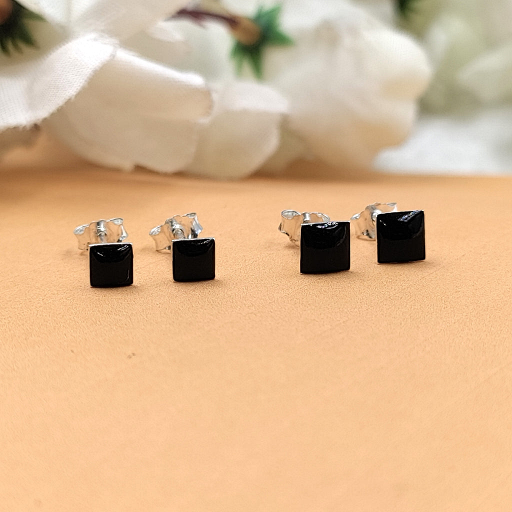 Black Square Stud Earring Silver Stud Earrings 925 Cubic Jewelry Enamel Stud Handmade Gift Gift for Black Lover Jwelery for Mother Daughter