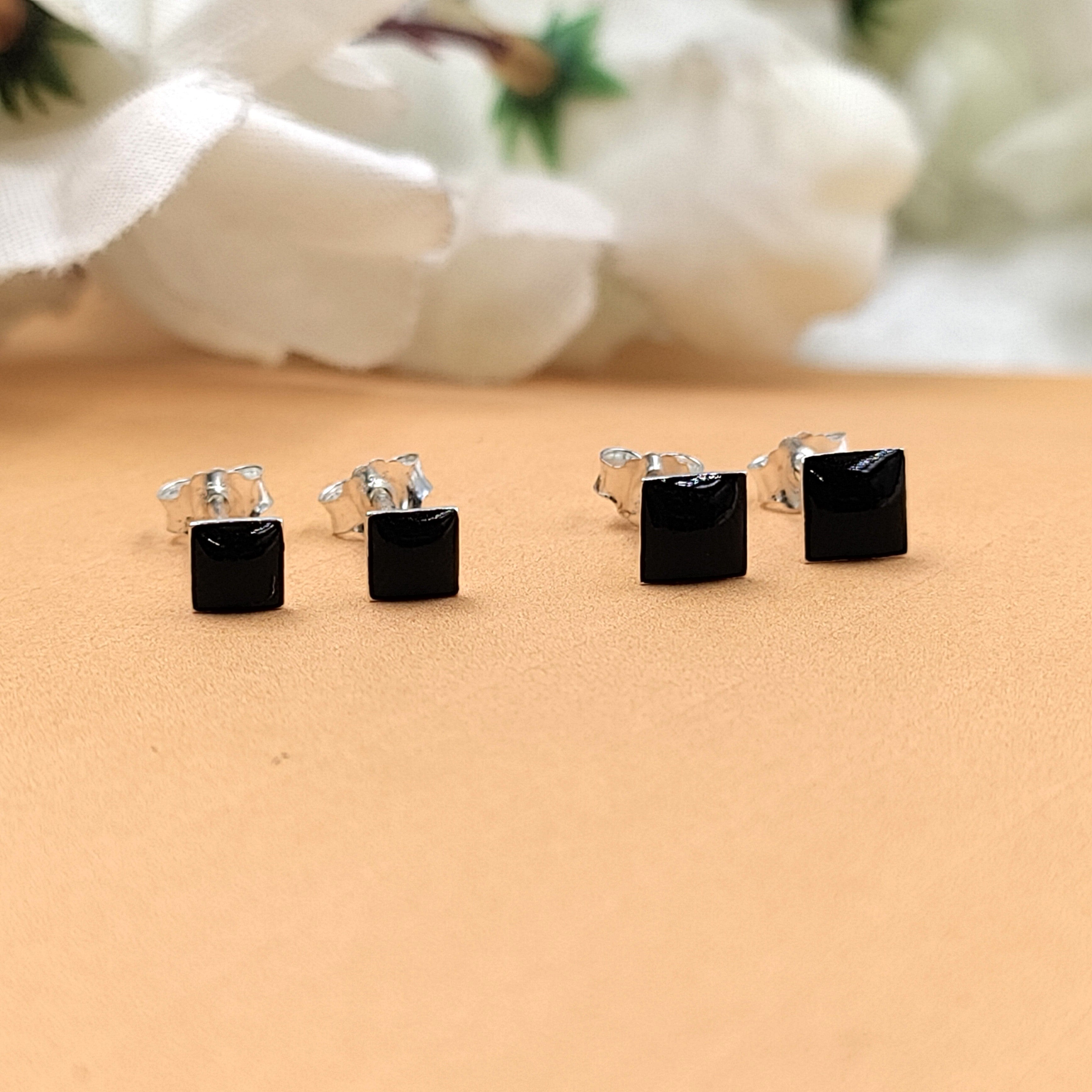 Black Square Stud Earring Silver Stud Earrings 925 Cubic Jewelry Enamel Stud