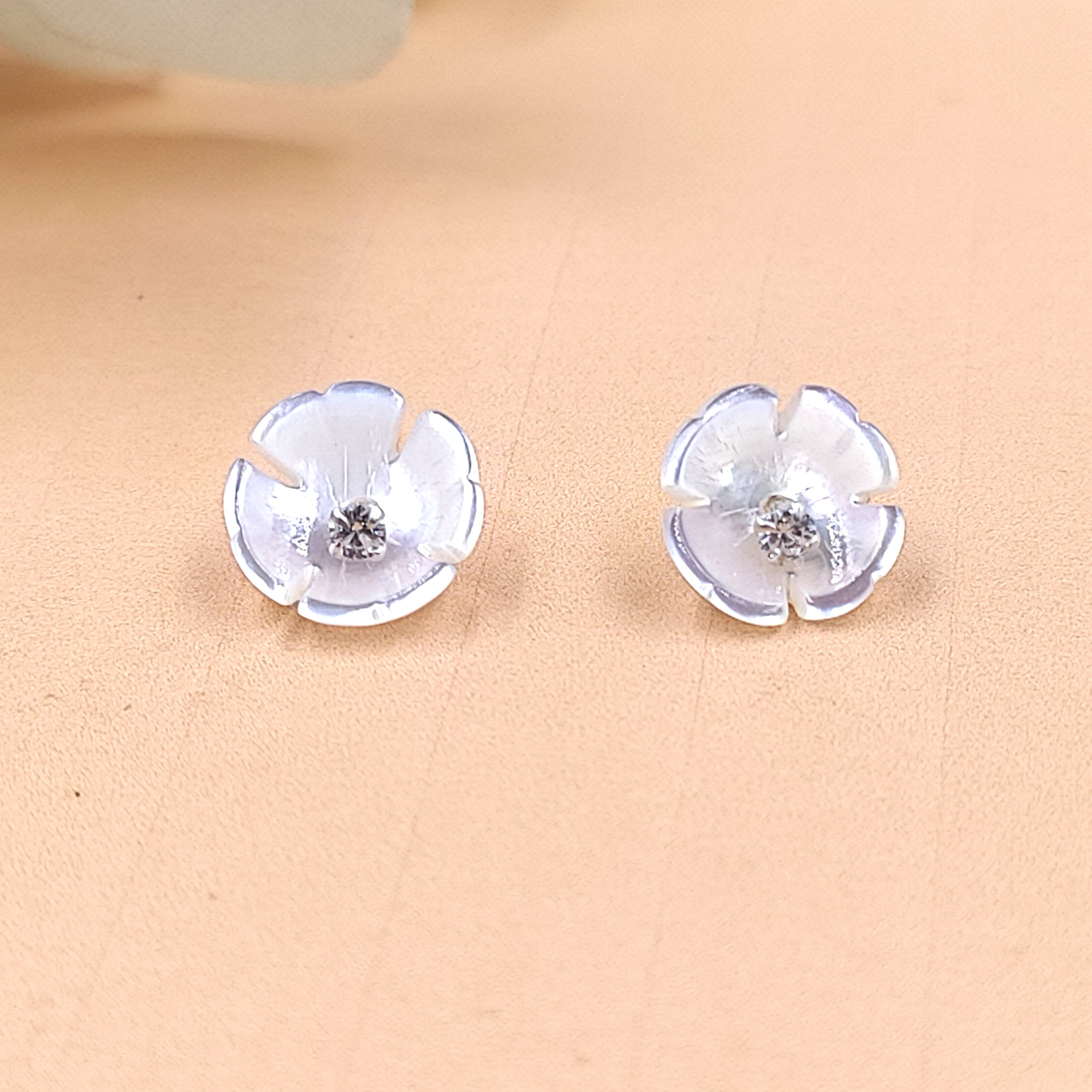 Silver White Stud Earring Cubic Ziriconia Flower Stud bridesmaid Floral Earring Handmade Gift Stud Pushback Solid 925 Gift