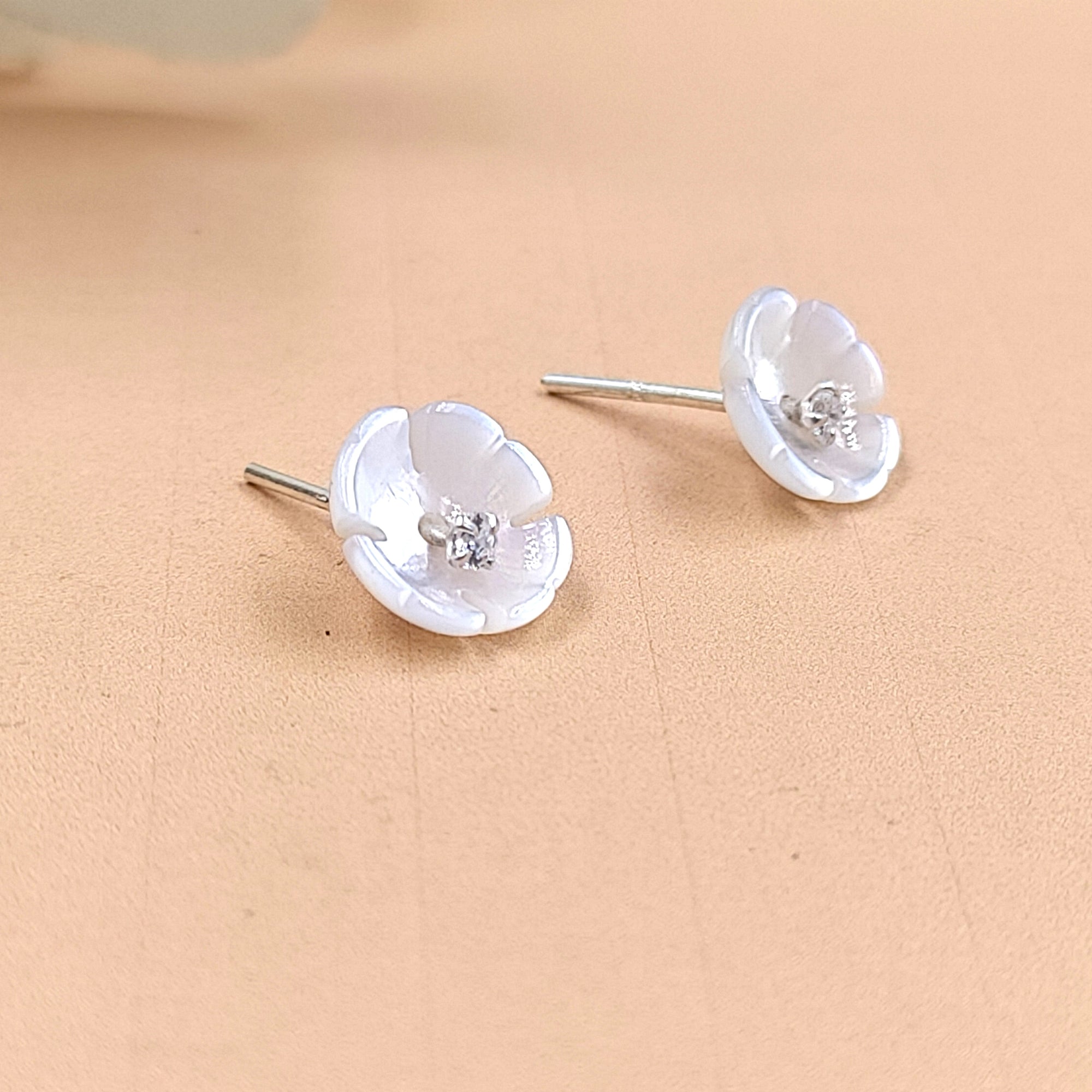 Silver White Stud Earring Cubic Ziriconia Flower Stud bridesmaid Floral Earring Handmade Gift Stud Pushback Solid 925 Gift