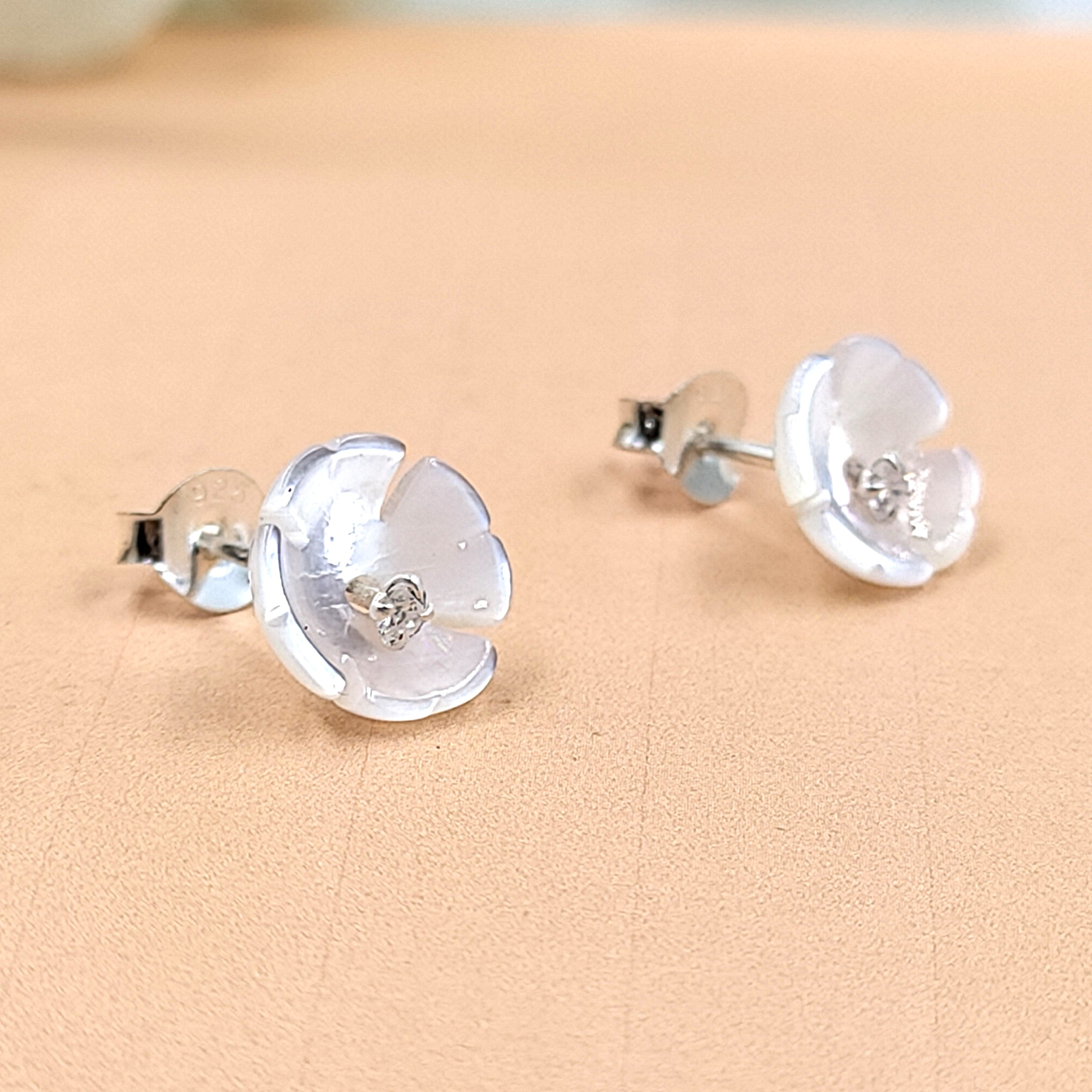 Silver White Stud Earring Cubic Ziriconia Flower Stud bridesmaid Floral Earring  Solid 925 Gift