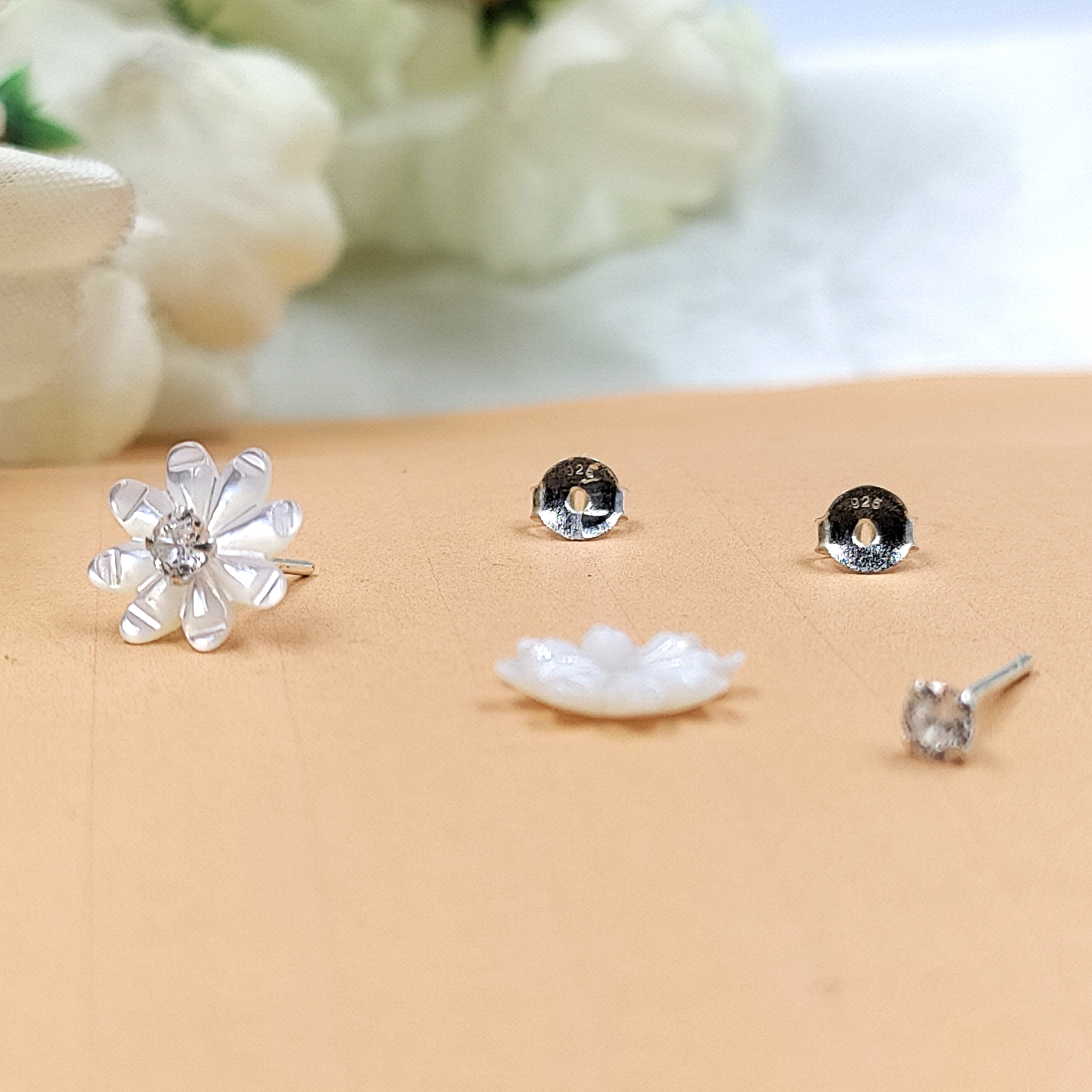 925 Silver White Stud Earring Cubic Ziriconia Flower Stud Floral Earring Handcrafted Gift Stud with Pushback Cute Present for girlfriend