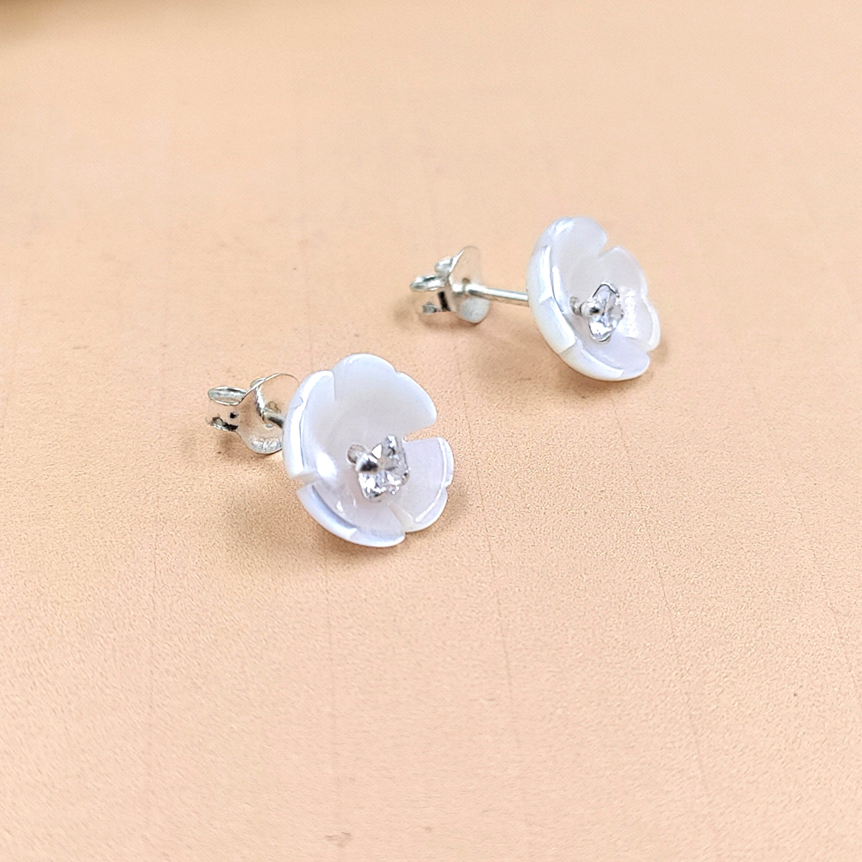 Silver Cubic Ziriconia Flower Stud White Stud Earring bridesmaid Floral Earring Handmade Gift Stud Pushback Solid 925 Gift