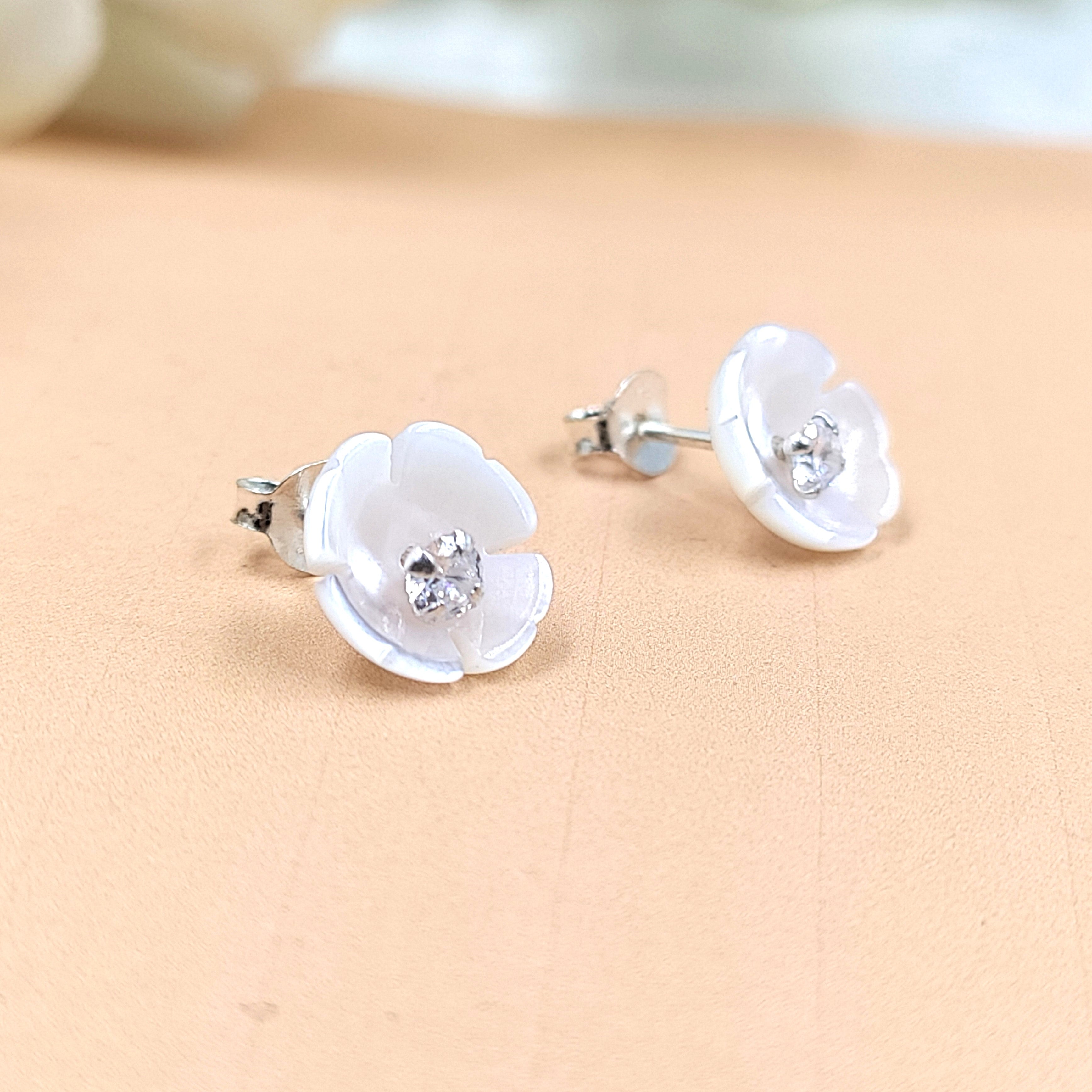 Silver Cubic Ziriconia Flower Stud White Stud Earring bridesmaid Floral Earring Handmade Gift Stud Pushback Solid 925 Gift