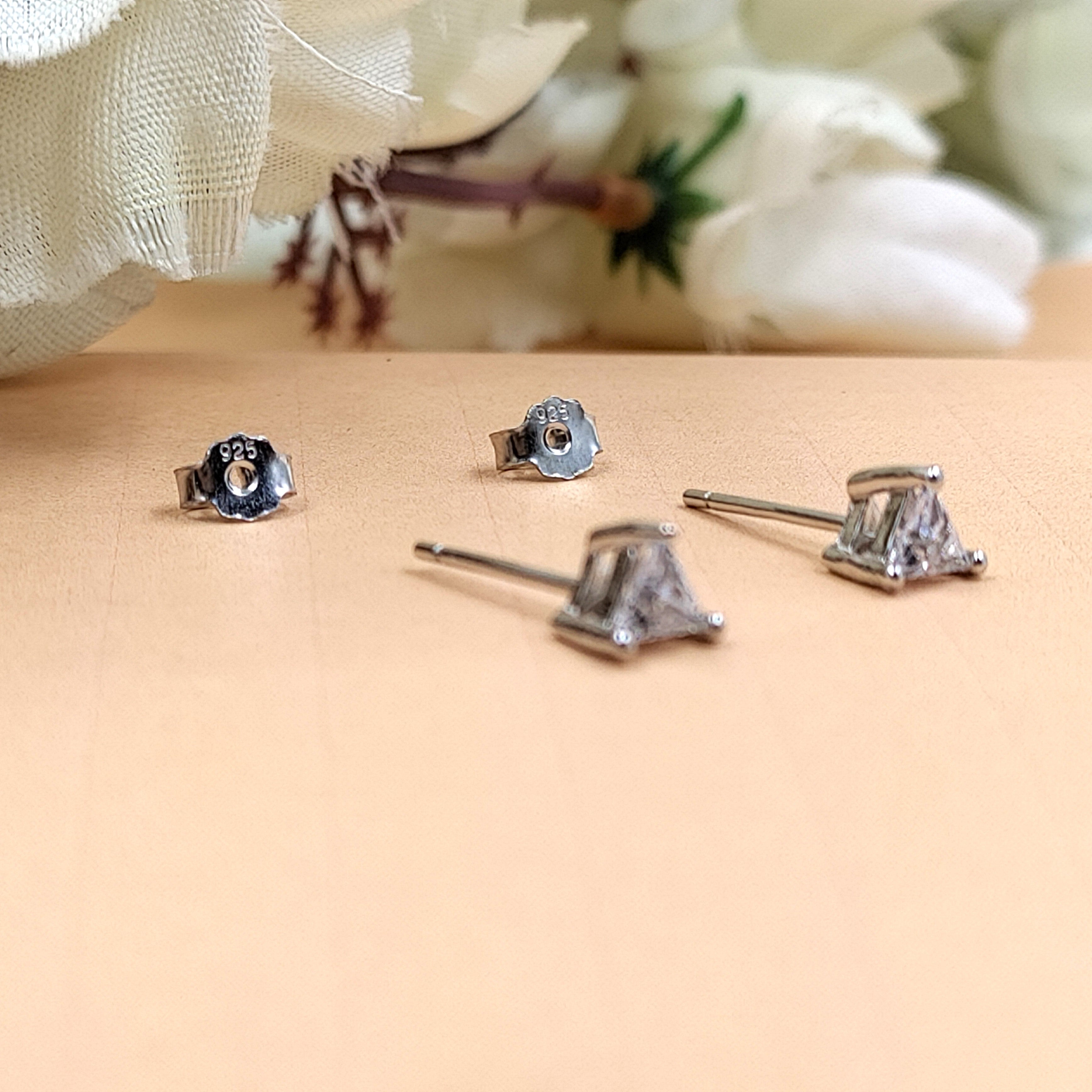 Solitaire Stud Earring Cute Diamond 4 MM CZ Stud Triangle Minimalist Handmade Stud with Pushback 925 Silver Gift for lover Girlfriend