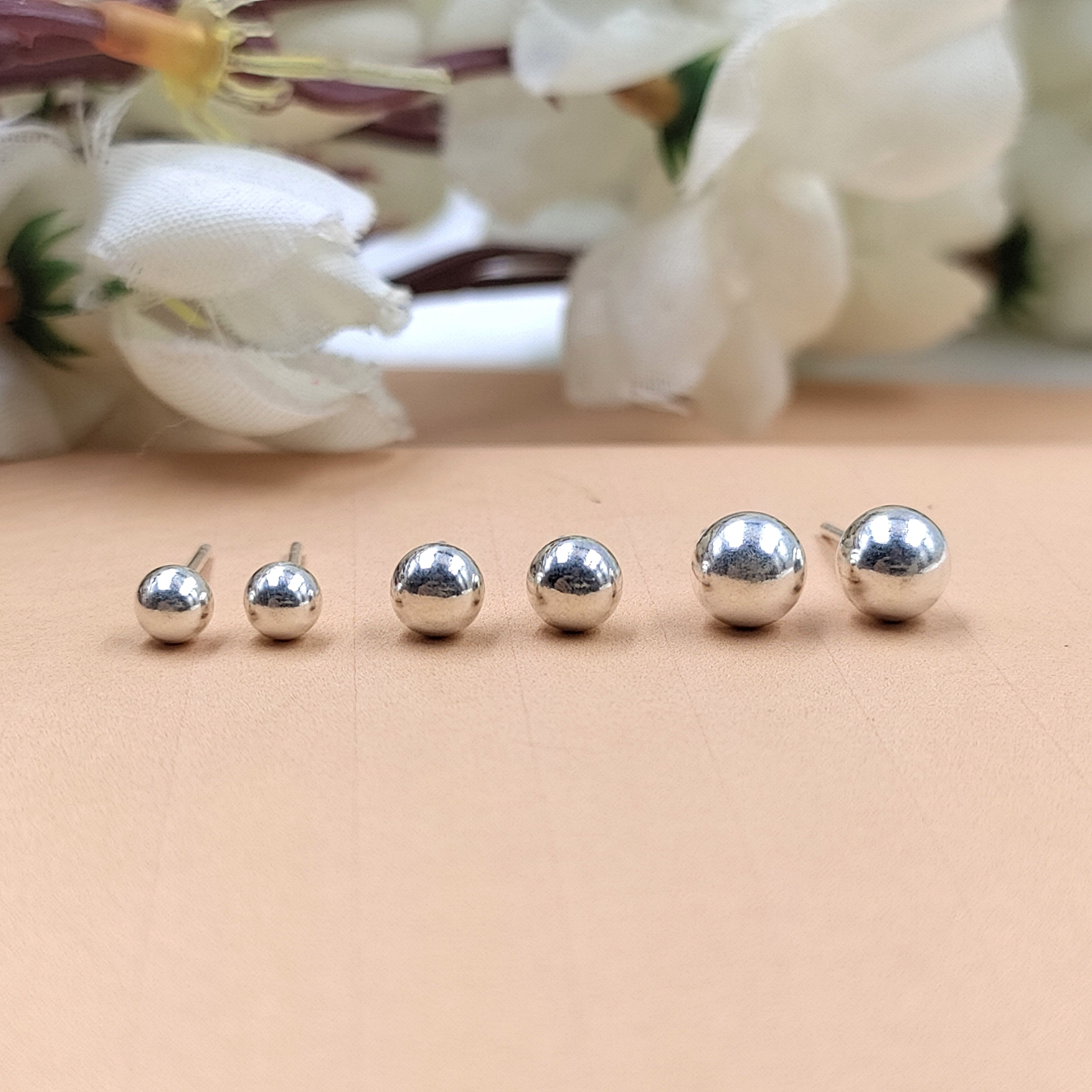 Solid Silver Round Ball Shape Stud Earrings Stud Earrings Classic Minimal Art Handmade Gift 925 Silver Gift for her