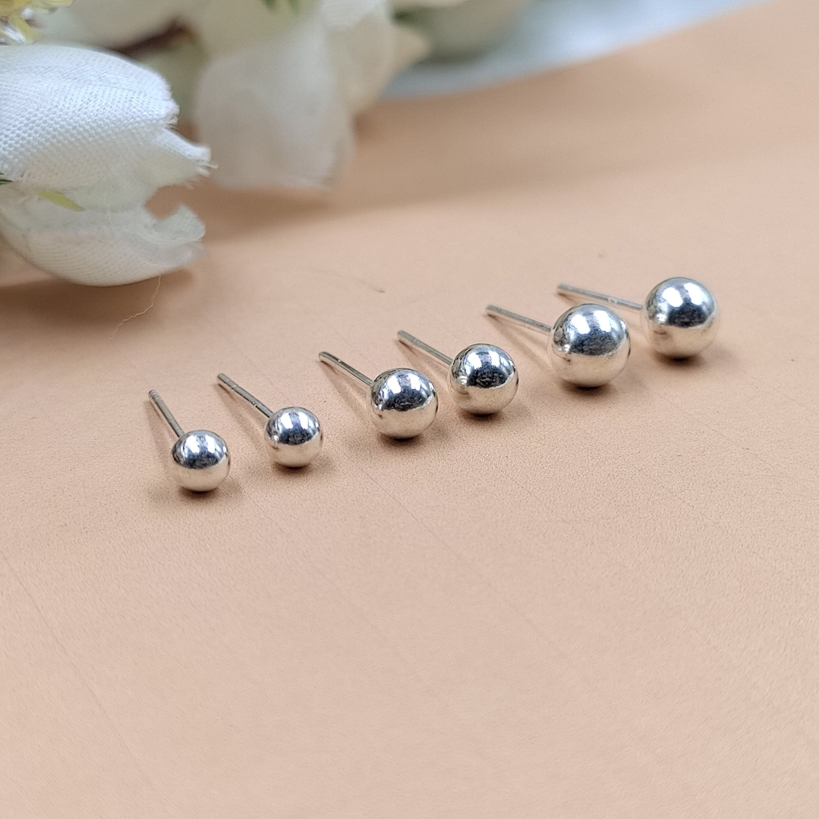 Solid Silver Round Ball Shape Stud Earrings Stud Earrings Classic Minimal Art Handmade Gift 925 Silver Gift for her