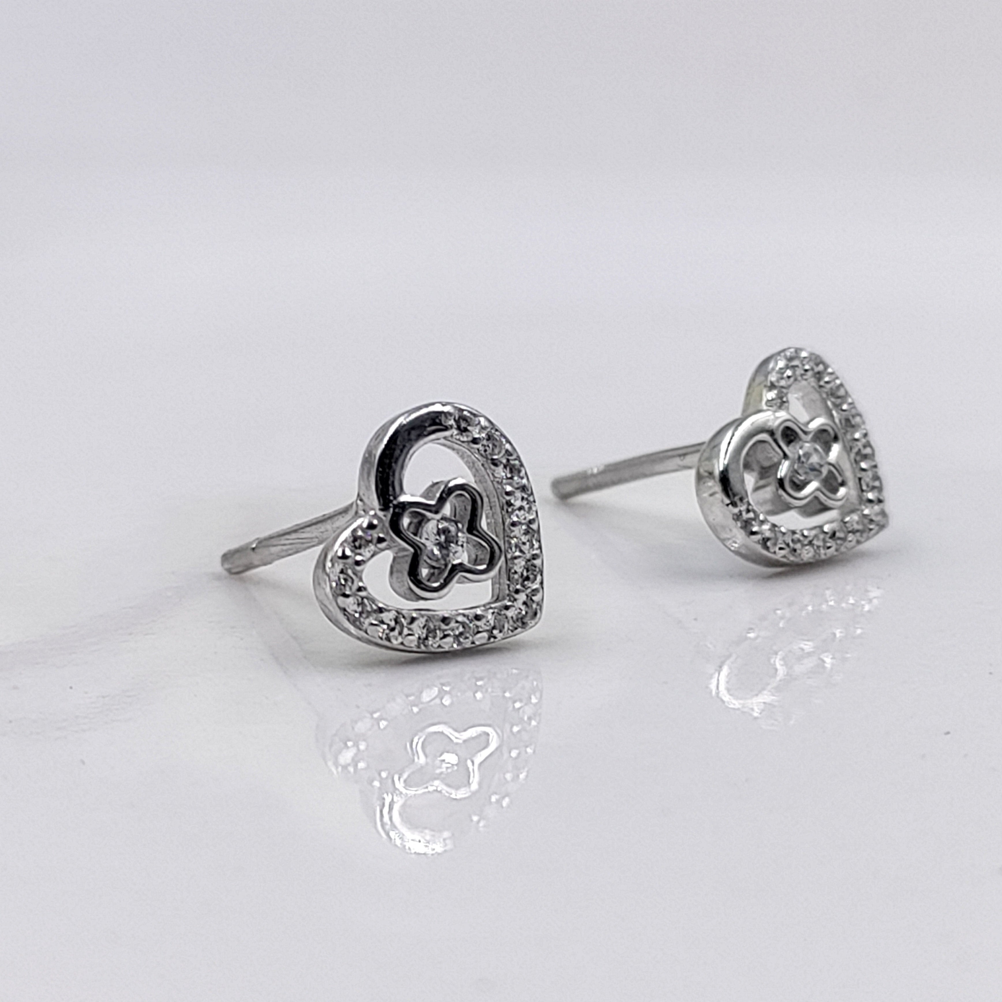 925 Sterling Silver Unique Dainty Heart and Flower Stud Earrings Cubic Zirconia Minimalist Handmade Cute Gift Studs with Push back