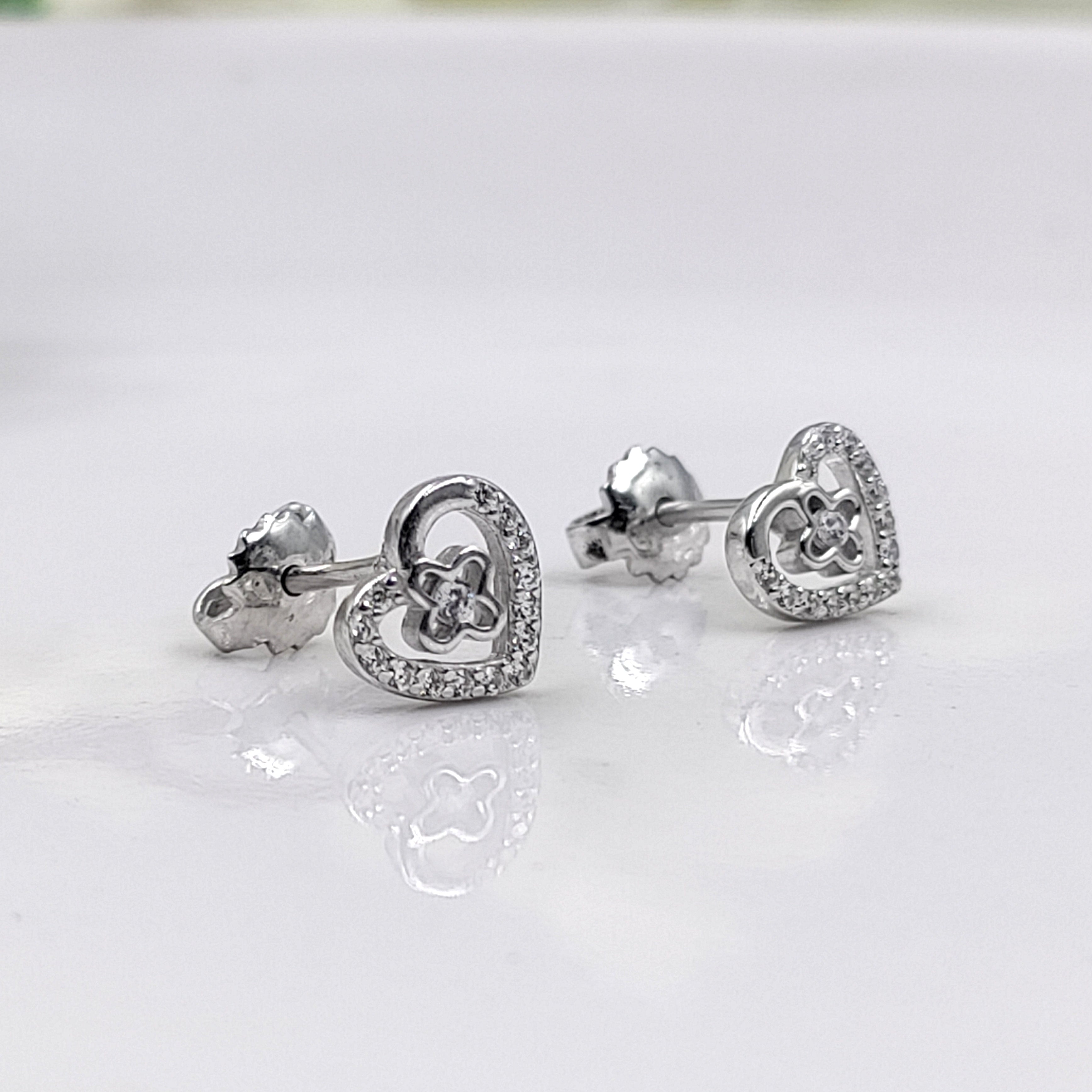 925 Sterling Silver Unique Dainty Heart and Flower Stud Earrings Cubic Zirconia Minimalist Handmade Cute Gift Studs with Push back