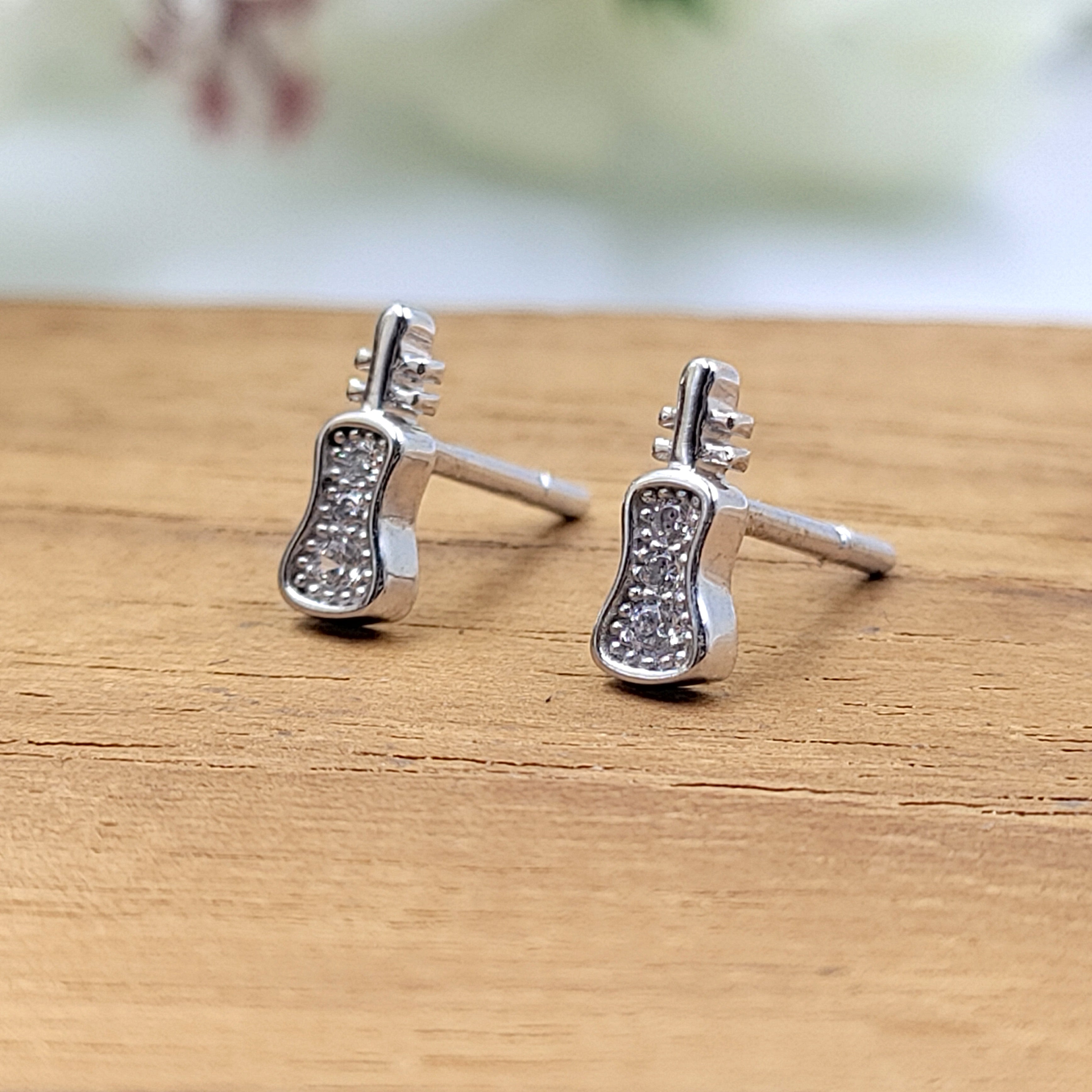 925 Sterling Silver Unique Guitar Stud Earrings Cute Music Lover Gift Stud Earrings CZ Minimalist Handmade Gift Studs with Push back