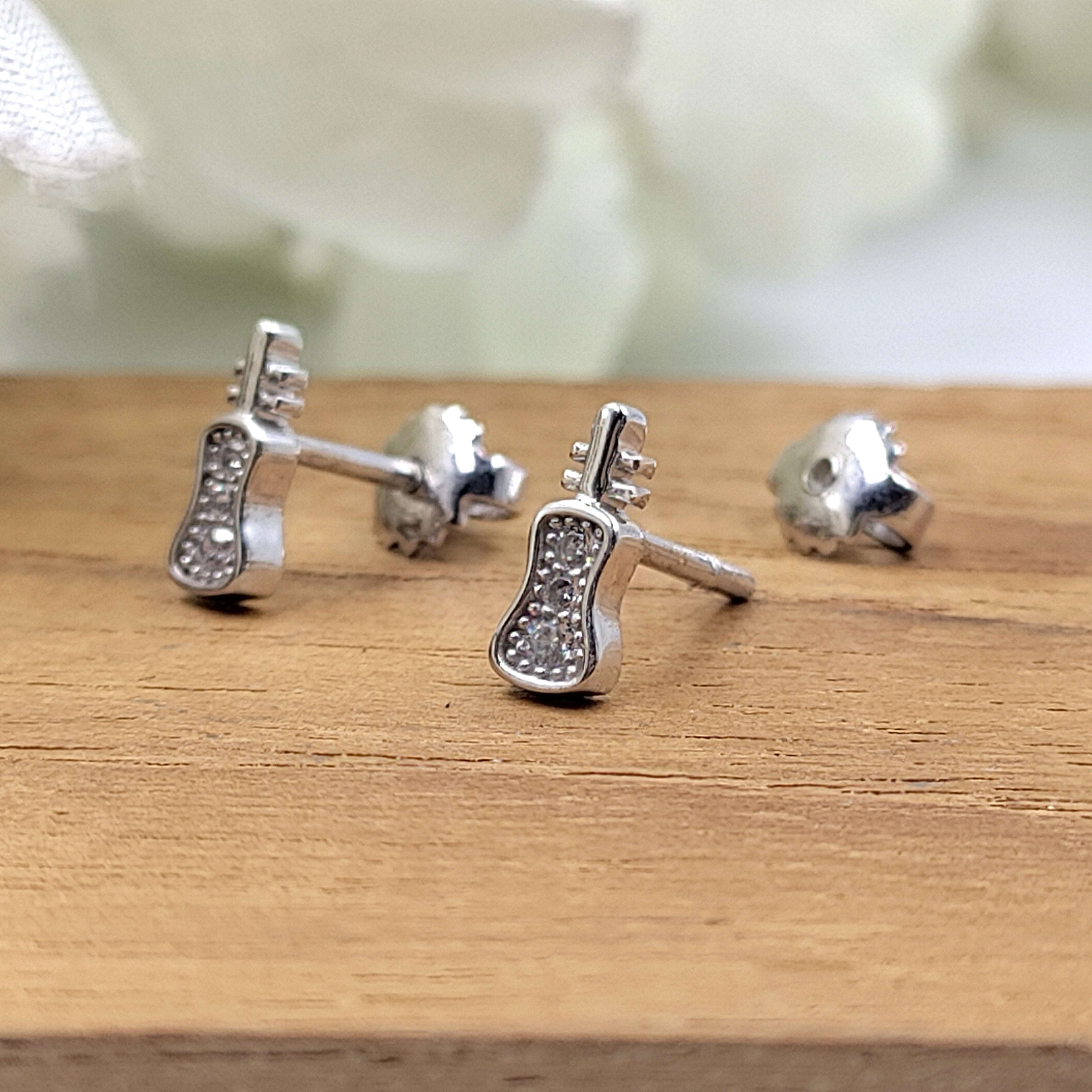 925 Sterling Silver Unique Guitar Stud Earrings Cute Music Lover Gift Stud Earrings CZ Minimalist Handmade Gift Studs with Push back