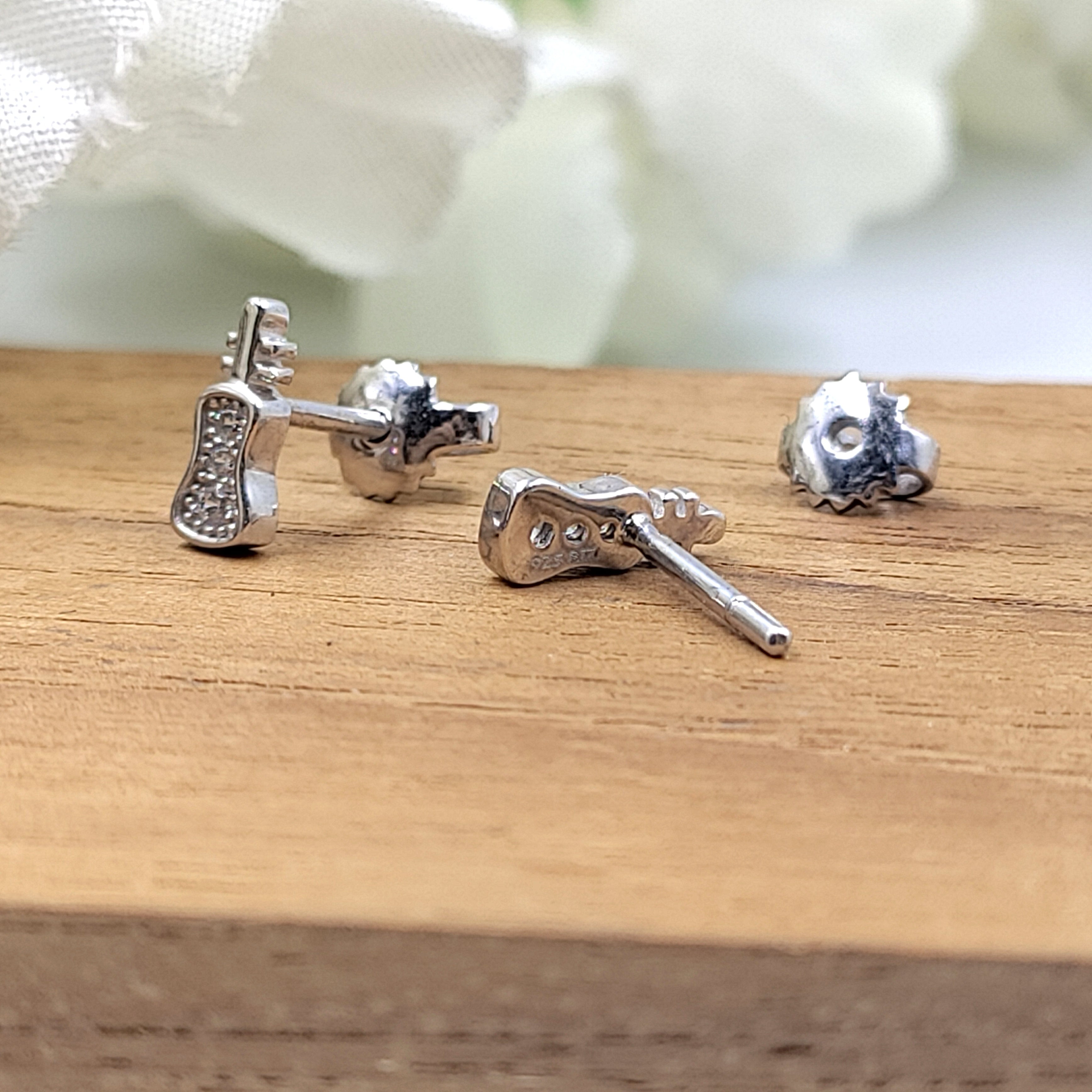 925 Sterling Silver Unique Guitar Stud Earrings Cute Music Lover Gift Stud Earrings CZ Minimalist Handmade Gift Studs with Push back