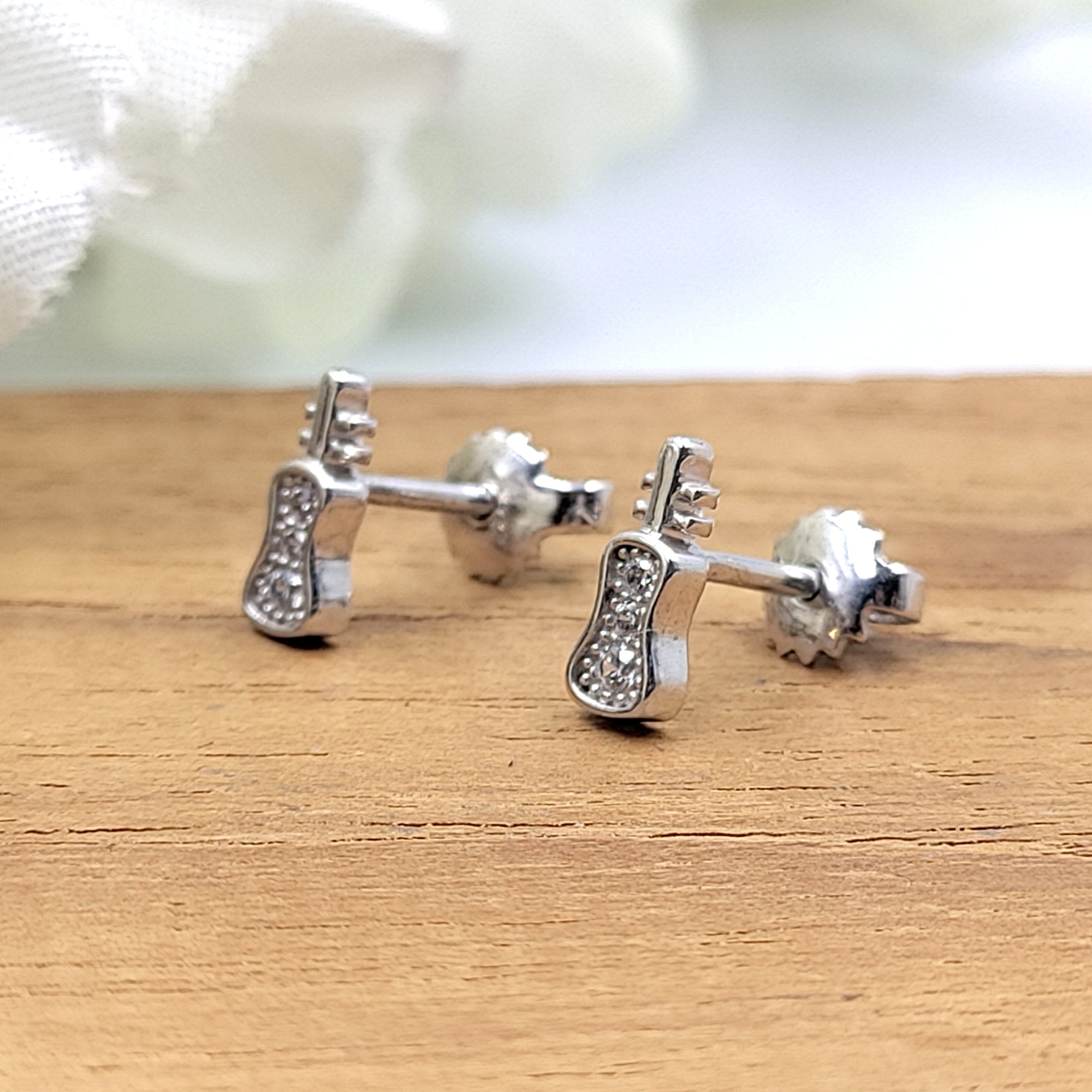 925 Sterling Silver Unique Guitar Stud Earrings Cute Music Lover Gift Stud Earrings CZ Minimalist Handmade Gift Studs with Push back