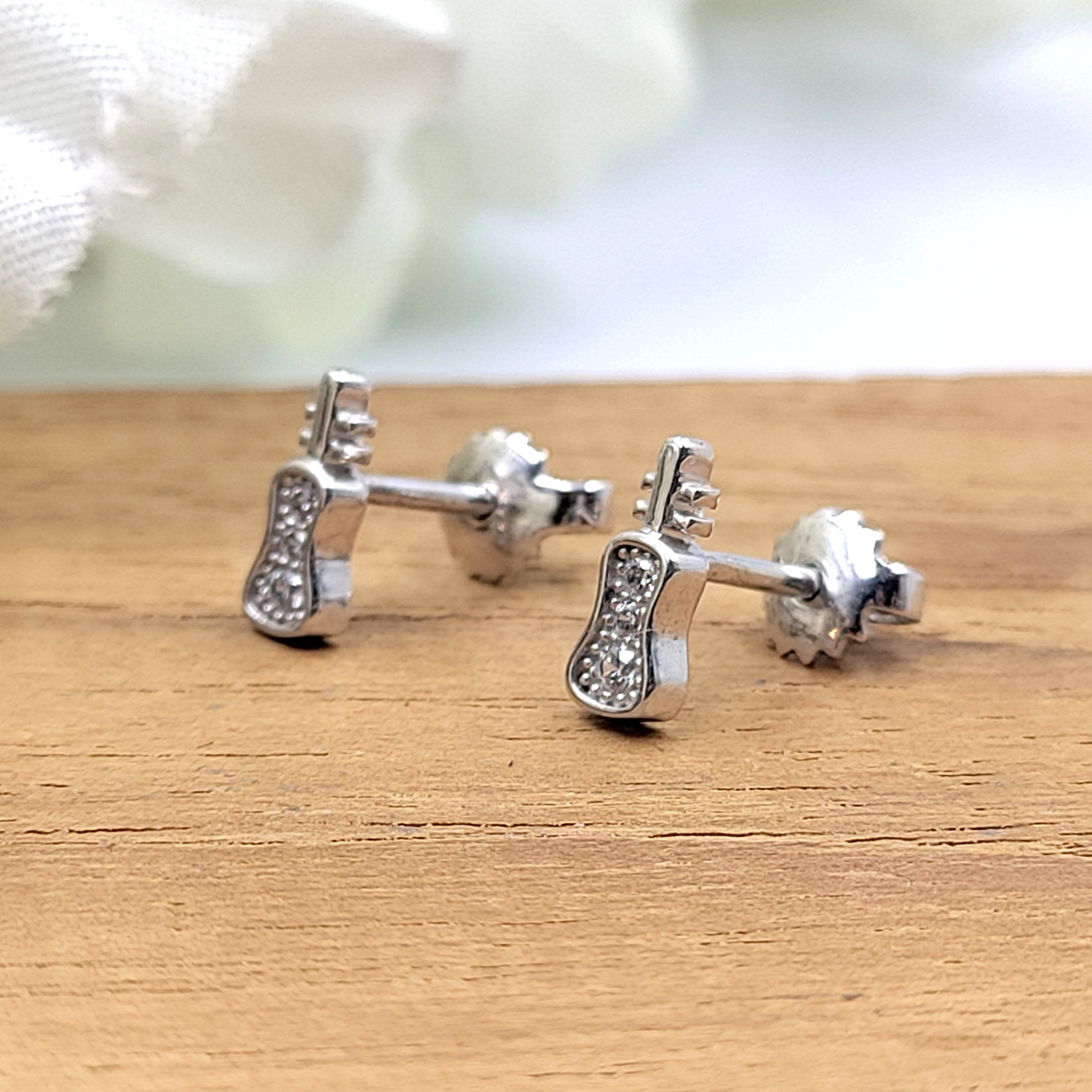 925 Sterling Silver Unique Guitar Stud Earrings Cute Music Lover Gift Stud Earrings CZ Minimalist Handmade Gift Studs with Push back