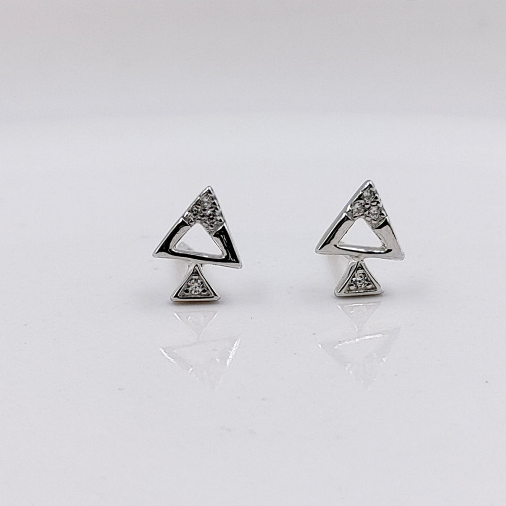 Sterling Silver 925 Pyramid Dual Triangle Studs Earrings Every Day Wear Unisex CZ Diamonds Minimalist Handmade Gift Studs with Push Back