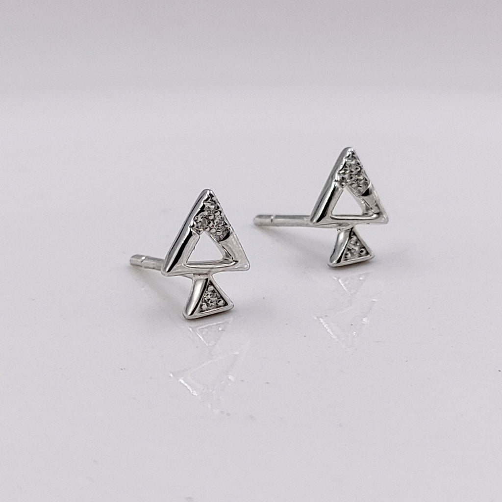 Sterling Silver 925 Pyramid Dual Triangle Studs Earrings Every Day Wear Unisex CZ Diamonds Minimalist Handmade Gift Studs with Push Back