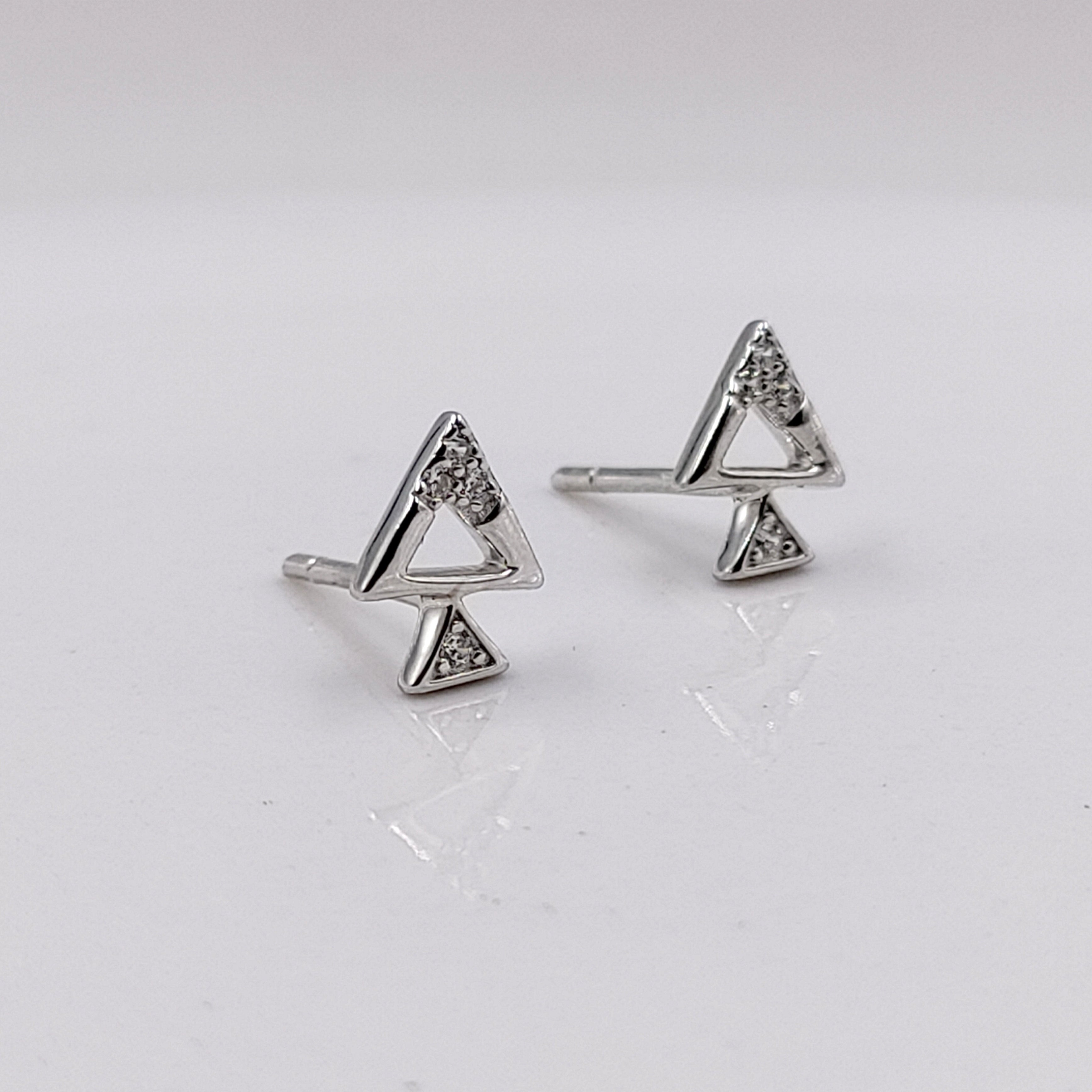 Sterling Silver 925 Pyramid Dual Triangle Studs Earrings Every Day Wear Unisex CZ Diamonds Minimalist Handmade Gift Studs with Push Back