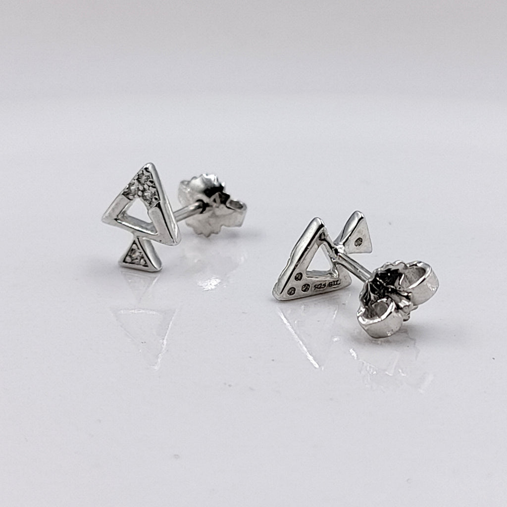 Sterling Silver 925 Pyramid Dual Triangle Studs Earrings Every Day Wear Unisex CZ Diamonds Minimalist Handmade Gift Studs with Push Back