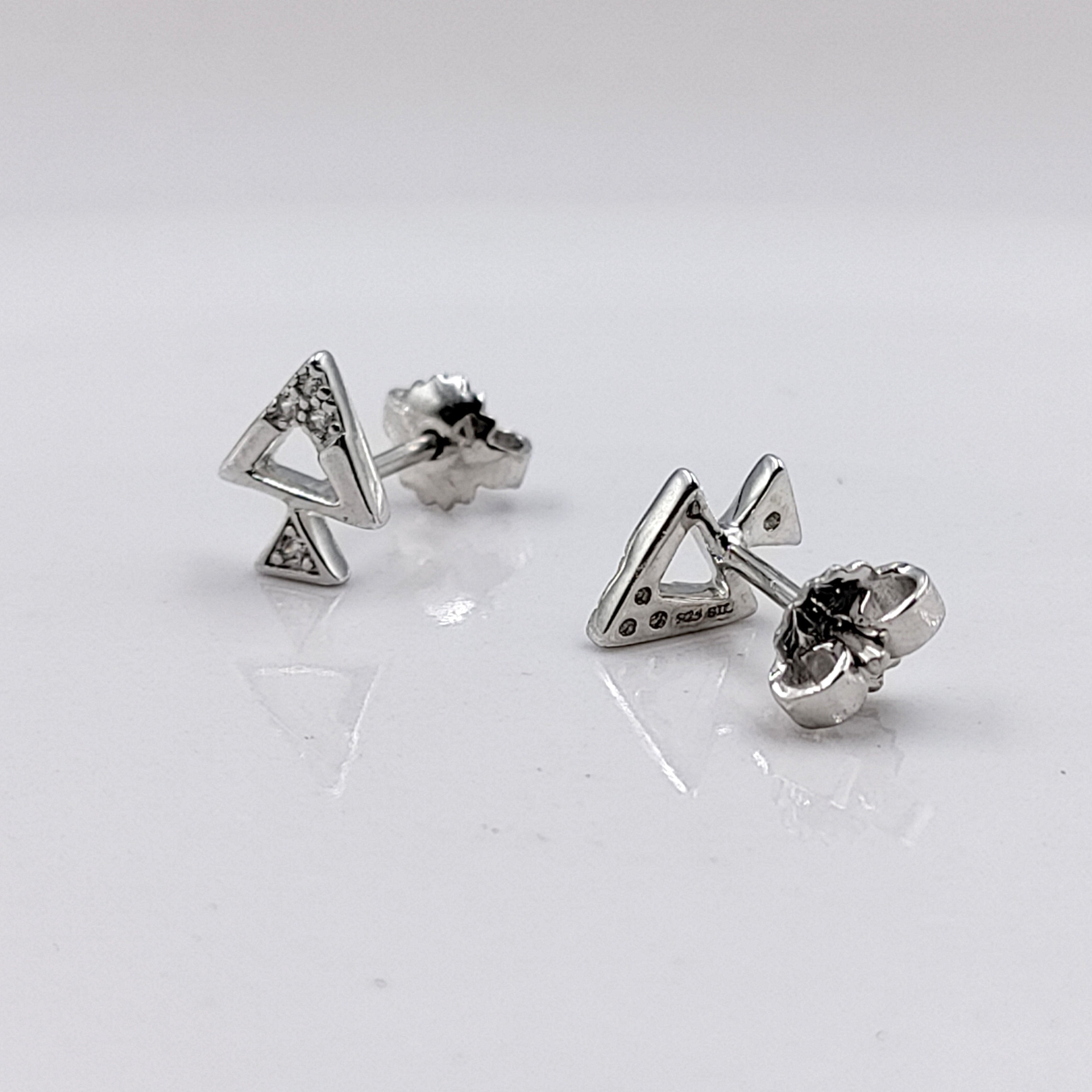 Sterling Silver 925 Pyramid Dual Triangle Studs Earrings Every Day Wear Unisex CZ Diamonds Minimalist Handmade Gift Studs with Push Back