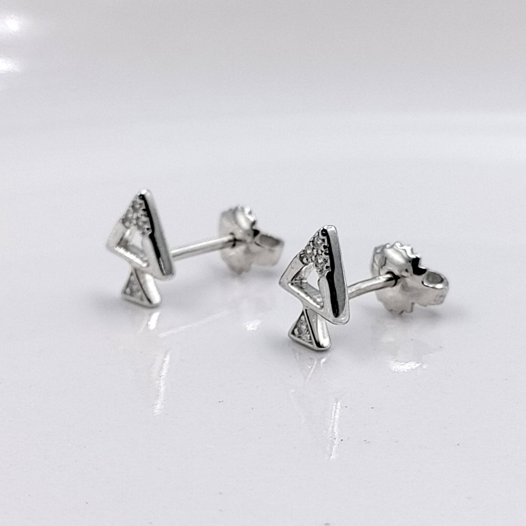 Sterling Silver 925 Pyramid Dual Triangle Studs Earrings Every Day Wear Unisex CZ Diamonds Minimalist Handmade Gift Studs with Push Back