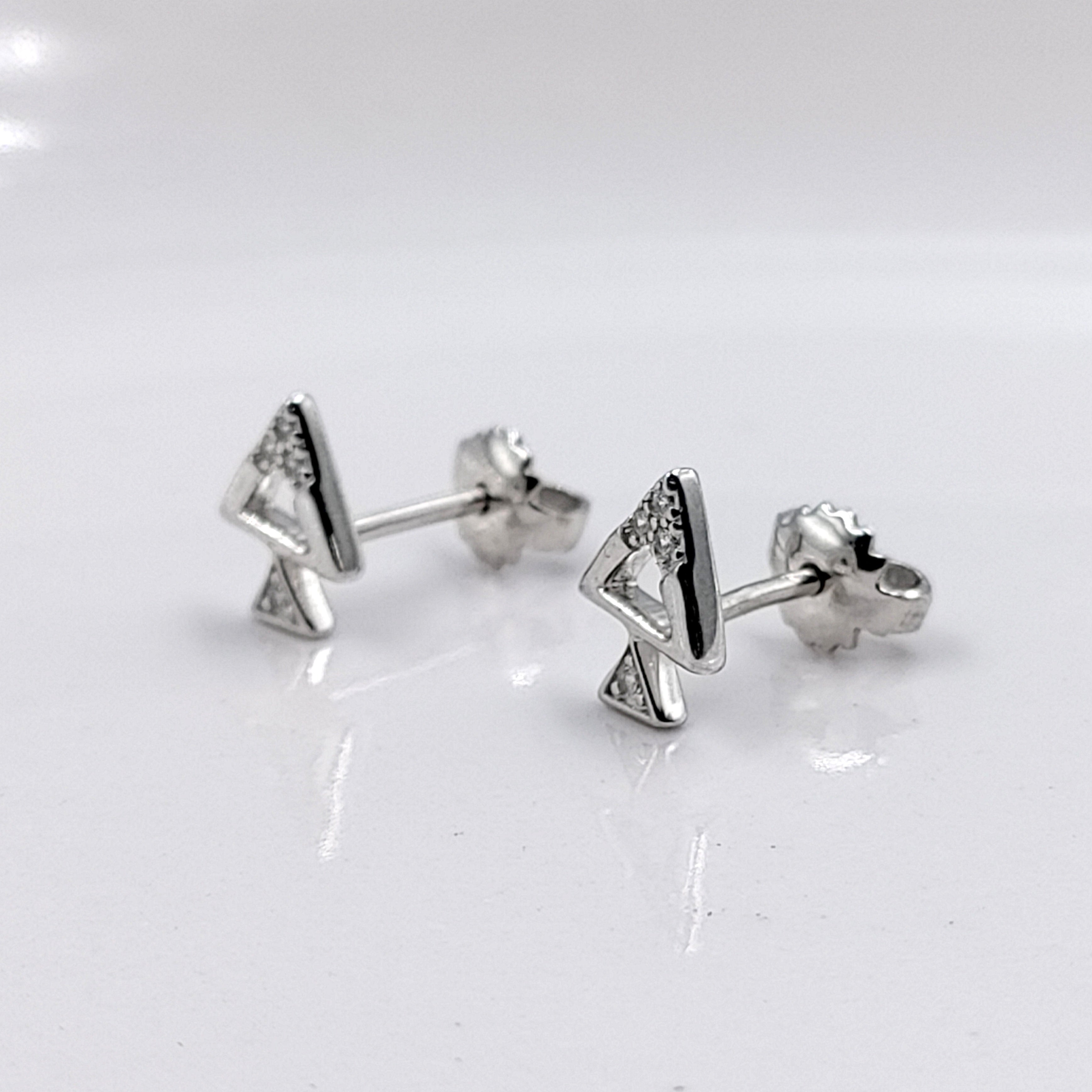 Sterling Silver 925 Pyramid Dual Triangle Studs Earrings Every Day Wear Unisex CZ Diamonds Minimalist Handmade Gift Studs with Push Back