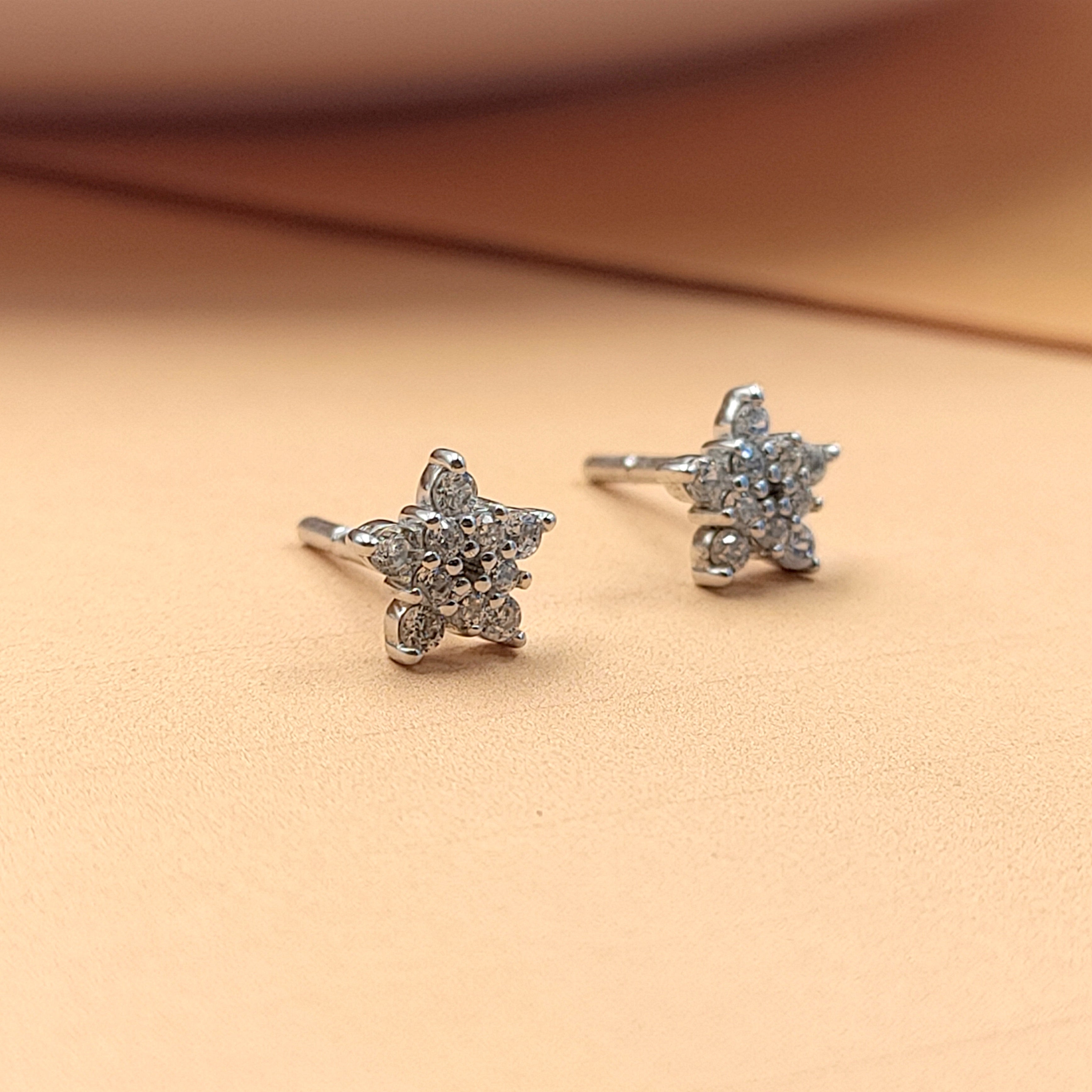 Sterling Silver 925 Cute Starbust Stud Earrings CZ Diamond Sparkle Studs