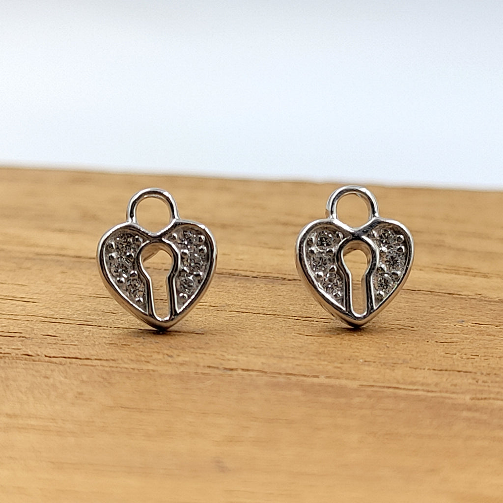 925 Sterling Silver Unique Dainty Tiny Heart Lock Stud Earrings Cubic Zirconia Minimalist Handmade Cute Bridesmaid Gift Studs with Push back
