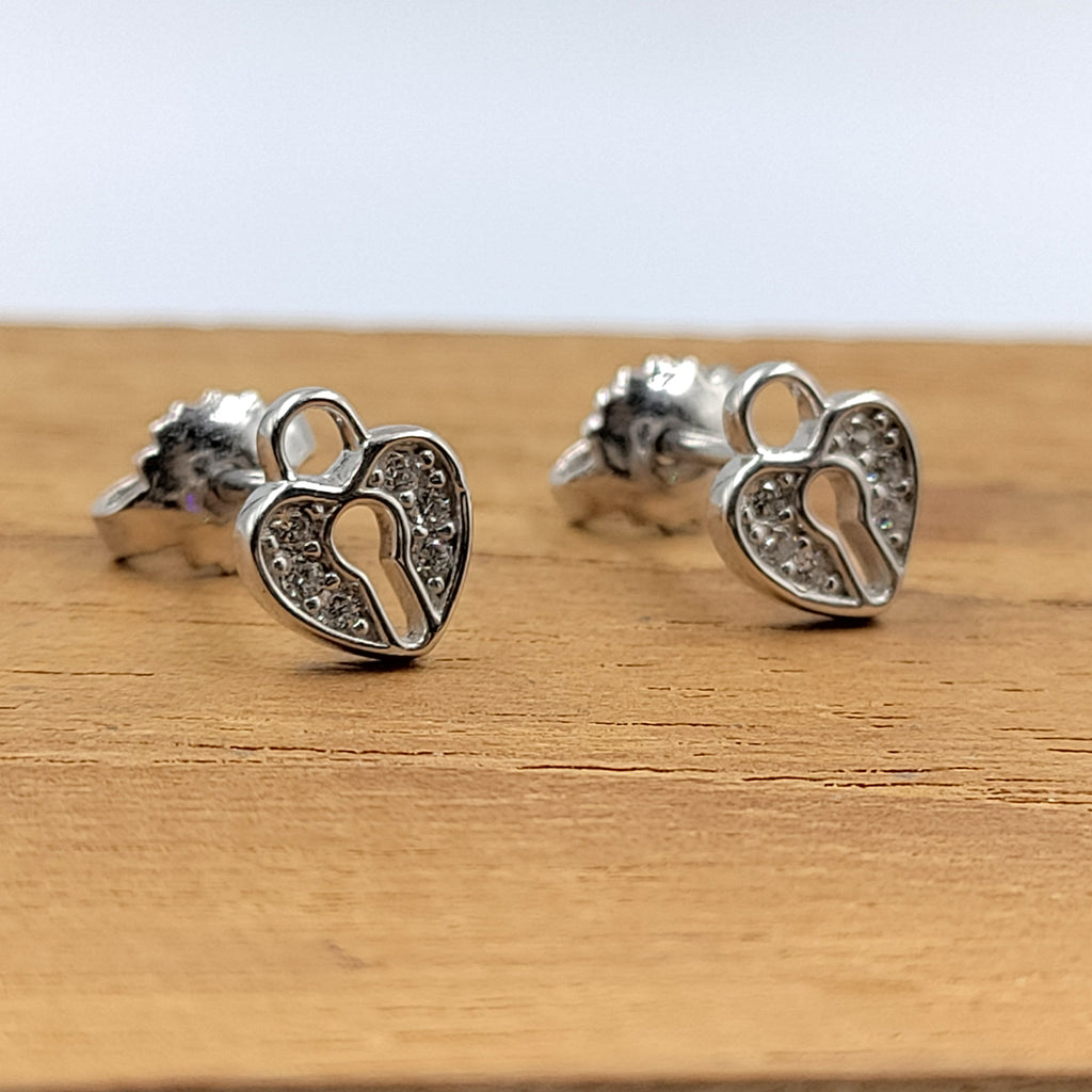 925 Sterling Silver Unique Dainty Tiny Heart Lock Stud Earrings Cubic Zirconia Minimalist Handmade Cute Bridesmaid Gift Studs with Push back