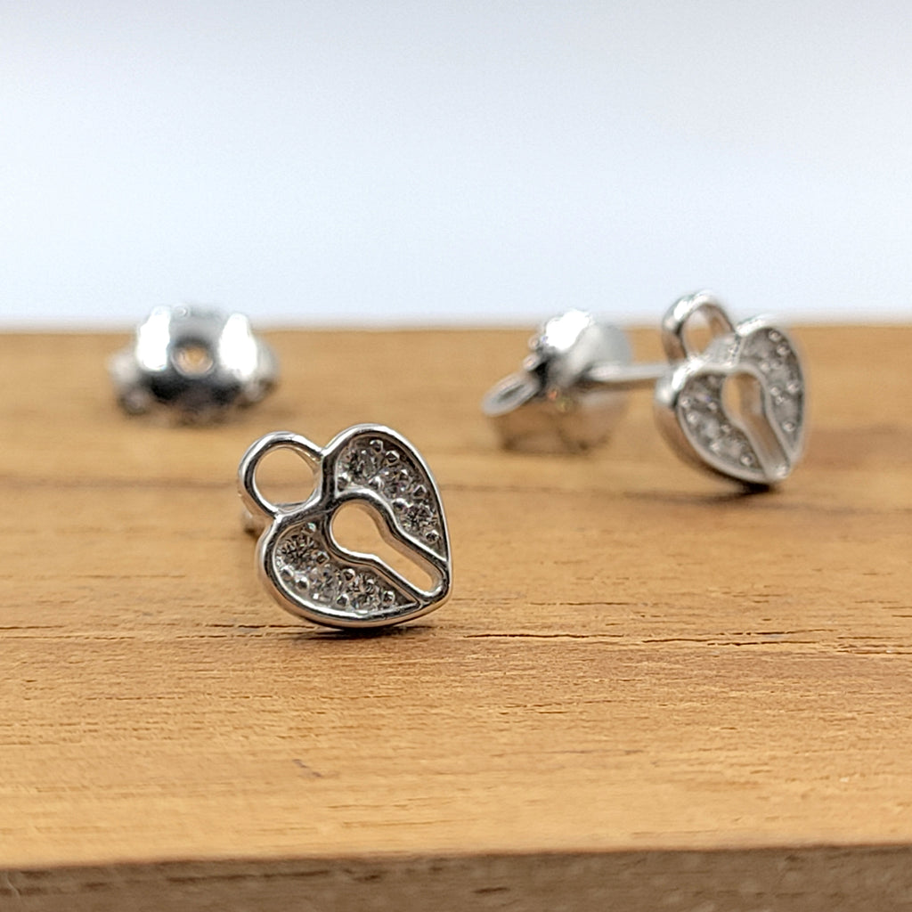 925 Sterling Silver Unique Dainty Tiny Heart Lock Stud Earrings Cubic Zirconia Minimalist Handmade Cute Bridesmaid Gift Studs with Push back