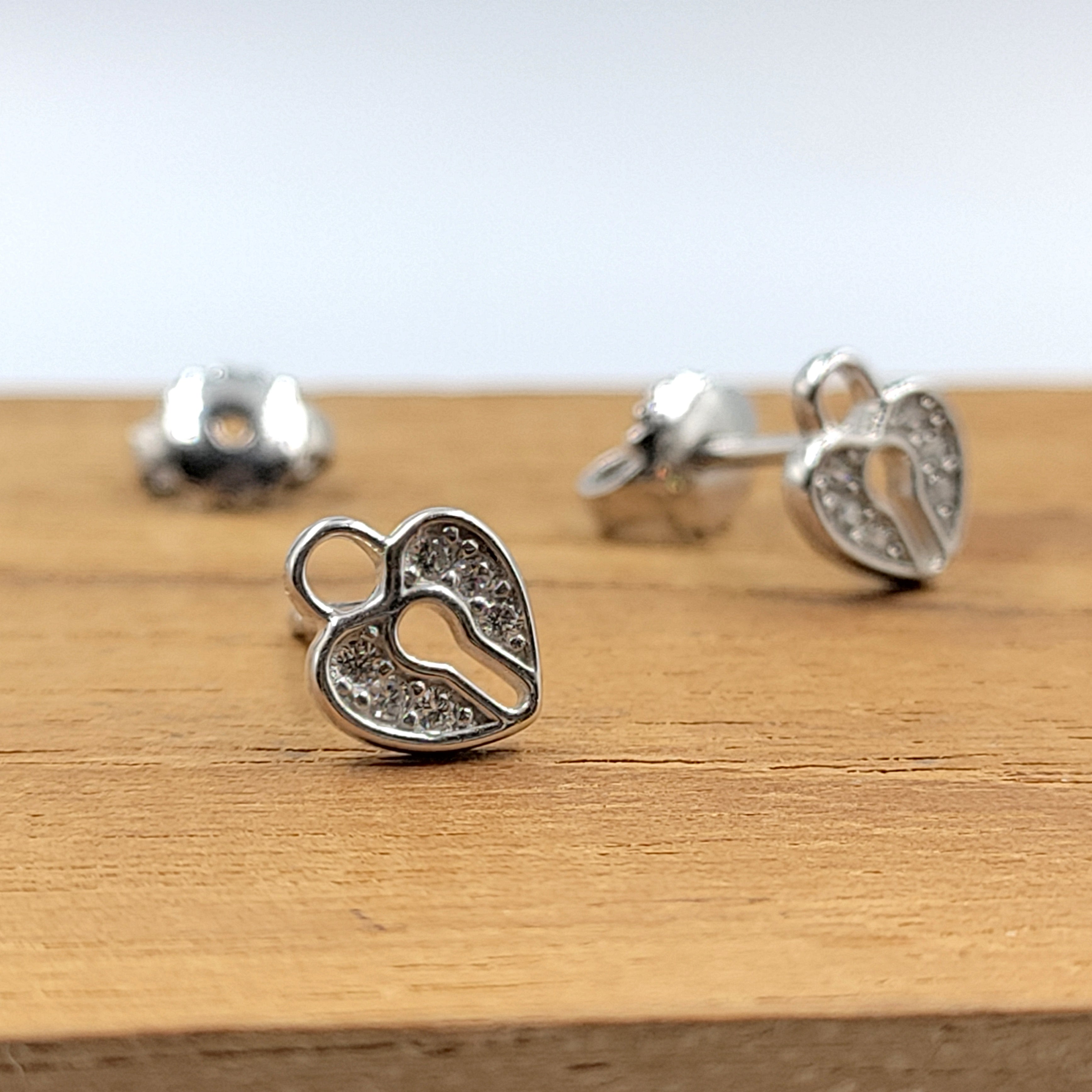 925 Sterling Silver Unique Dainty Tiny Heart Lock Stud Earrings Cubic Zirconia Minimalist Handmade Cute Bridesmaid Gift Studs with Push back