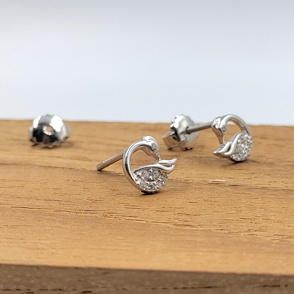 925 Sterling Silver Swan Stud Earrings Cubic Zirconia Swan Ear Stud with Push back Cute