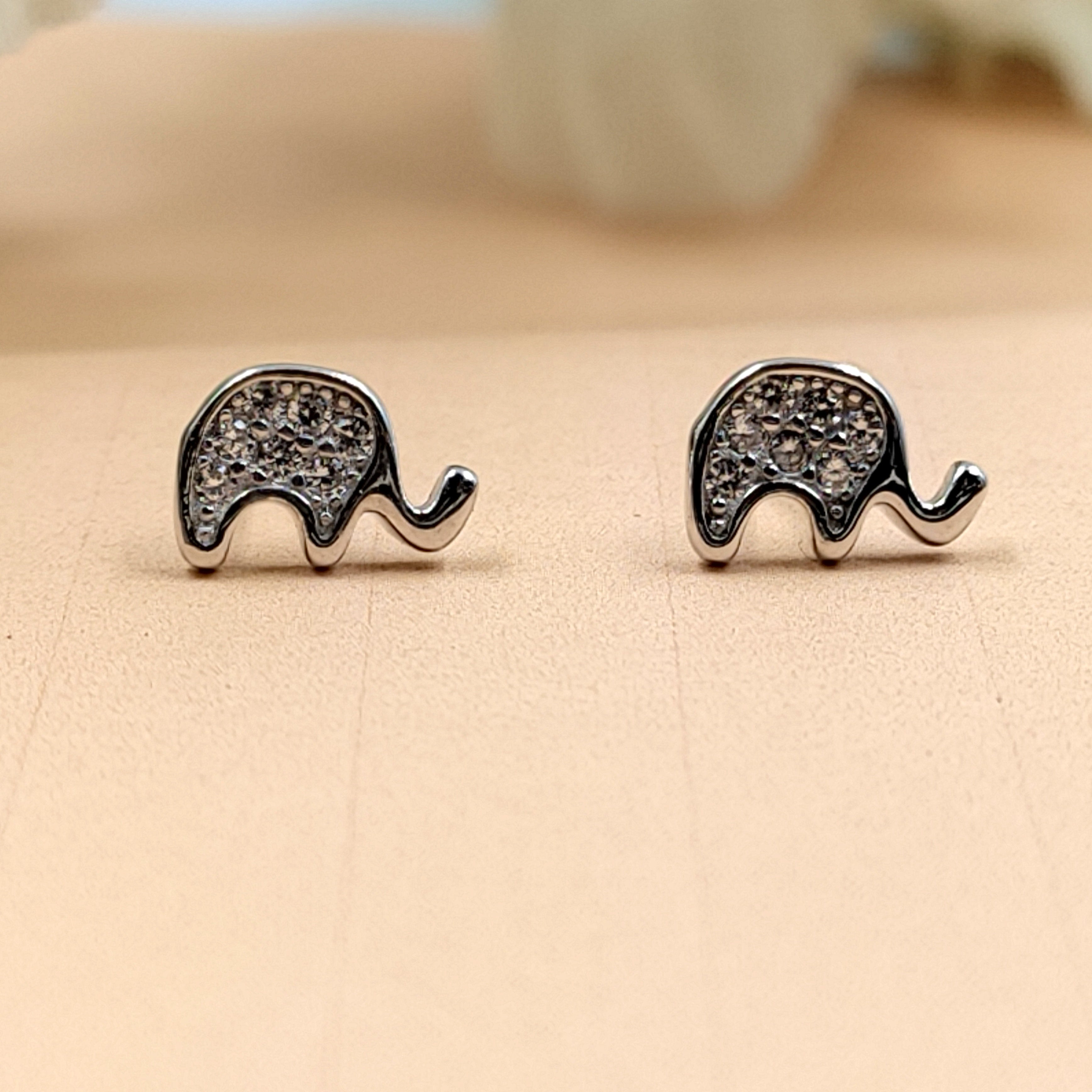 925 Sterling Silver Cute Elephant Studs Earrings Cubic zirconia Cute Fun Quirky Animal Jewellery Nature Inspired Studs with Push back