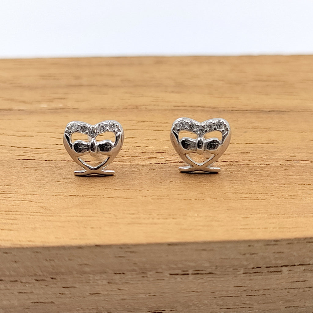 925 Sterling Silver Heart Shape Bow Stud Earring Cubic Zirconia Bowtie Earring with Push Back
