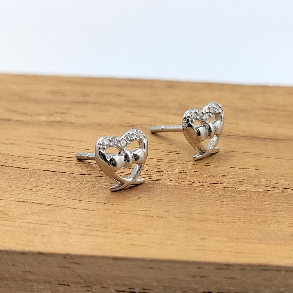 925 Sterling Silver Heart Shape Bow Stud Earring Cubic Zirconia Bowtie Earring with Push Back