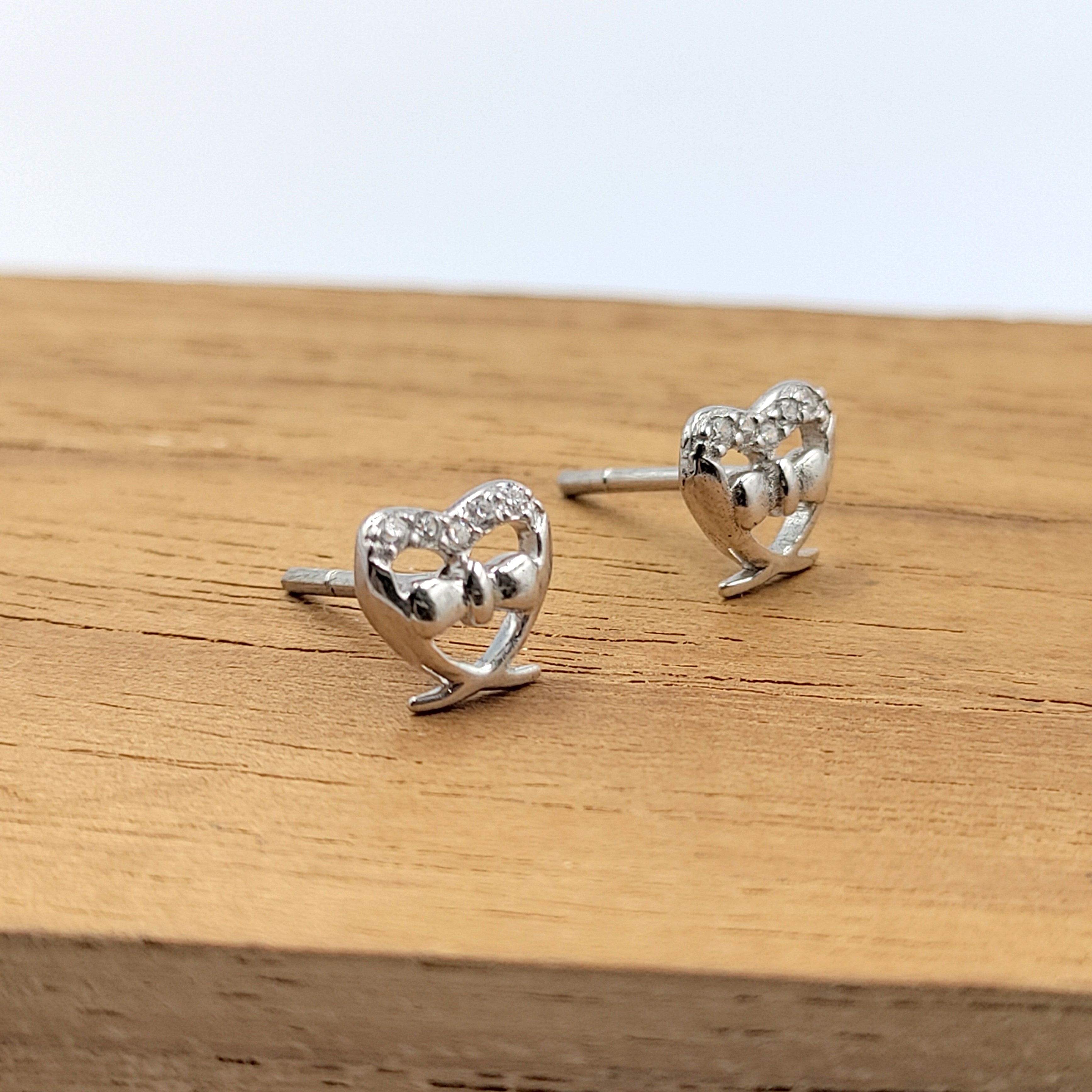 925 Sterling Silver Heart Shape Bow Stud Earring Cubic Zirconia Bowtie Earring with Push Back