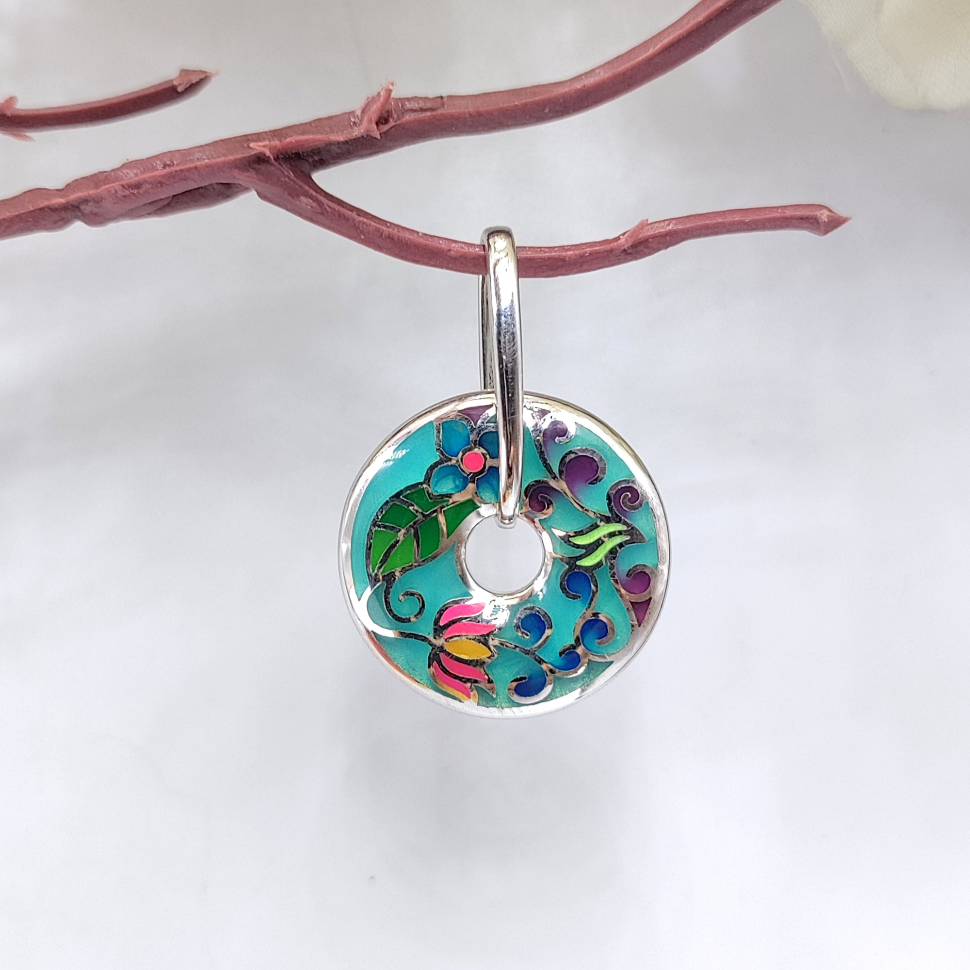 Enamel Pendant 925 Sterling Silver Beautifull Handcrafted Floral Art