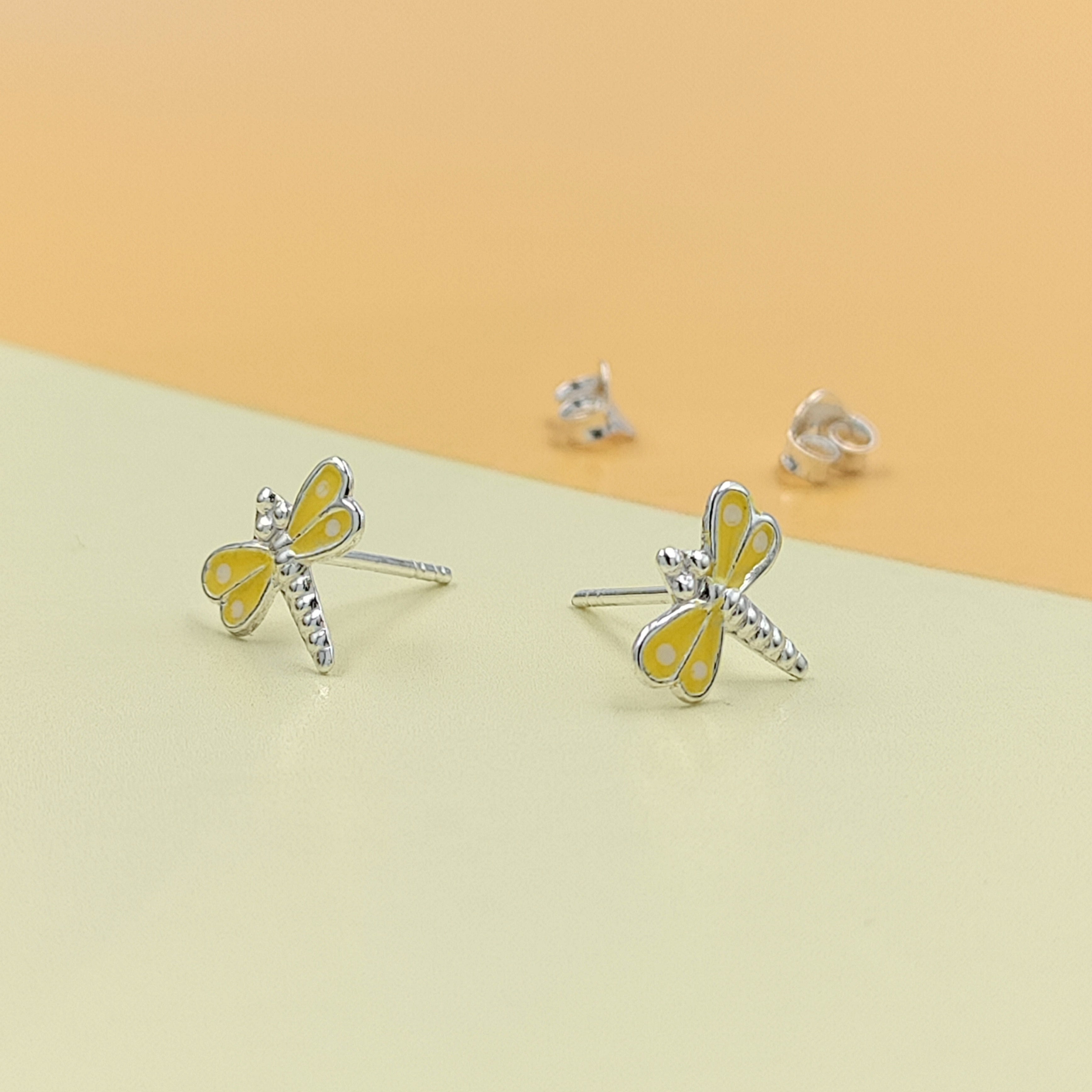 925 Sterling Silver Cute Bees Ear Studs Tiny Insects Earrings Enamel Cartilage Gift - 8x10 mm