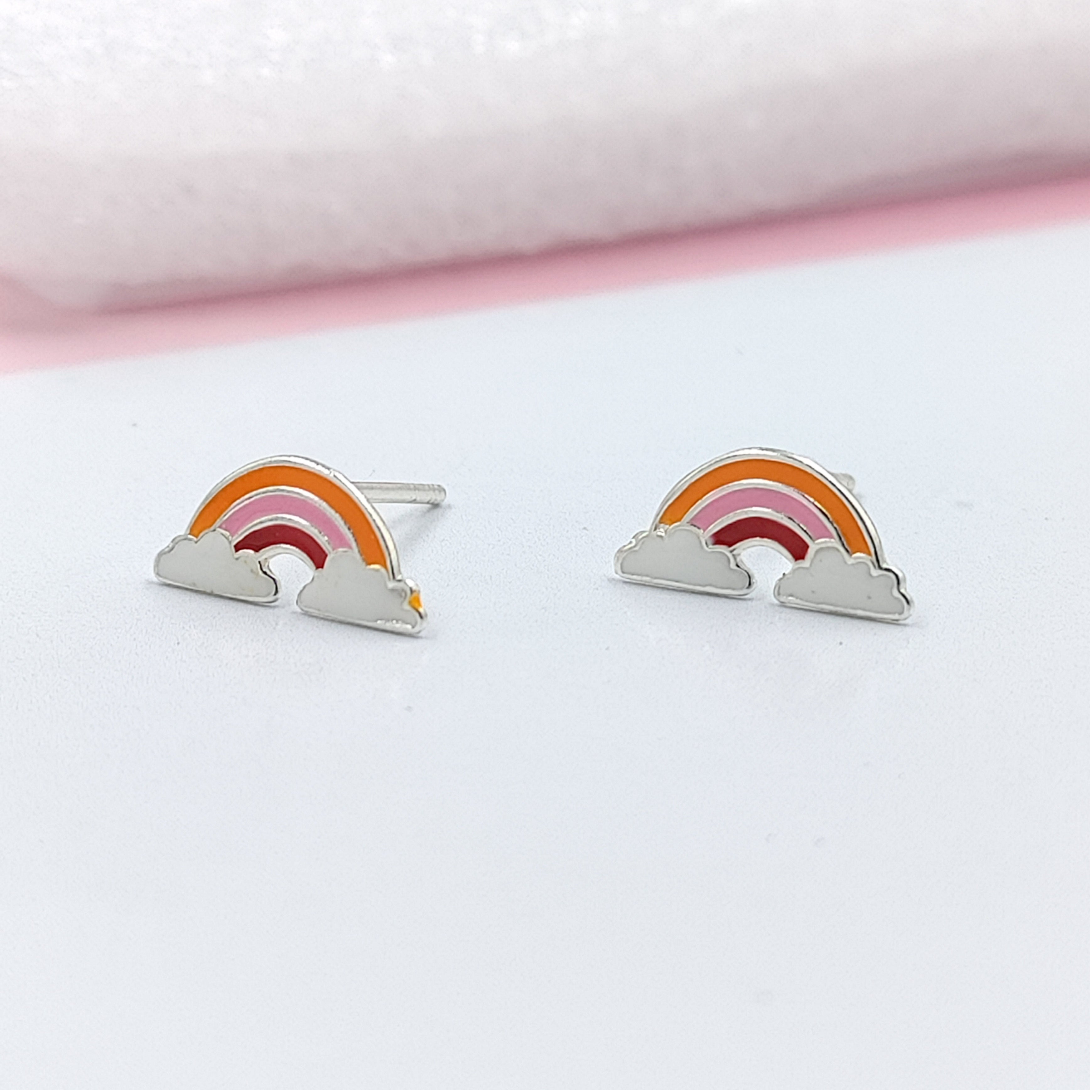 925 Sterling Silver Cute Rainbow Ear Studs Tiny Earrings Enamel Cartilage Ear Studs Girls Earrings Minimalist Handmade Gift - 5x11 mm