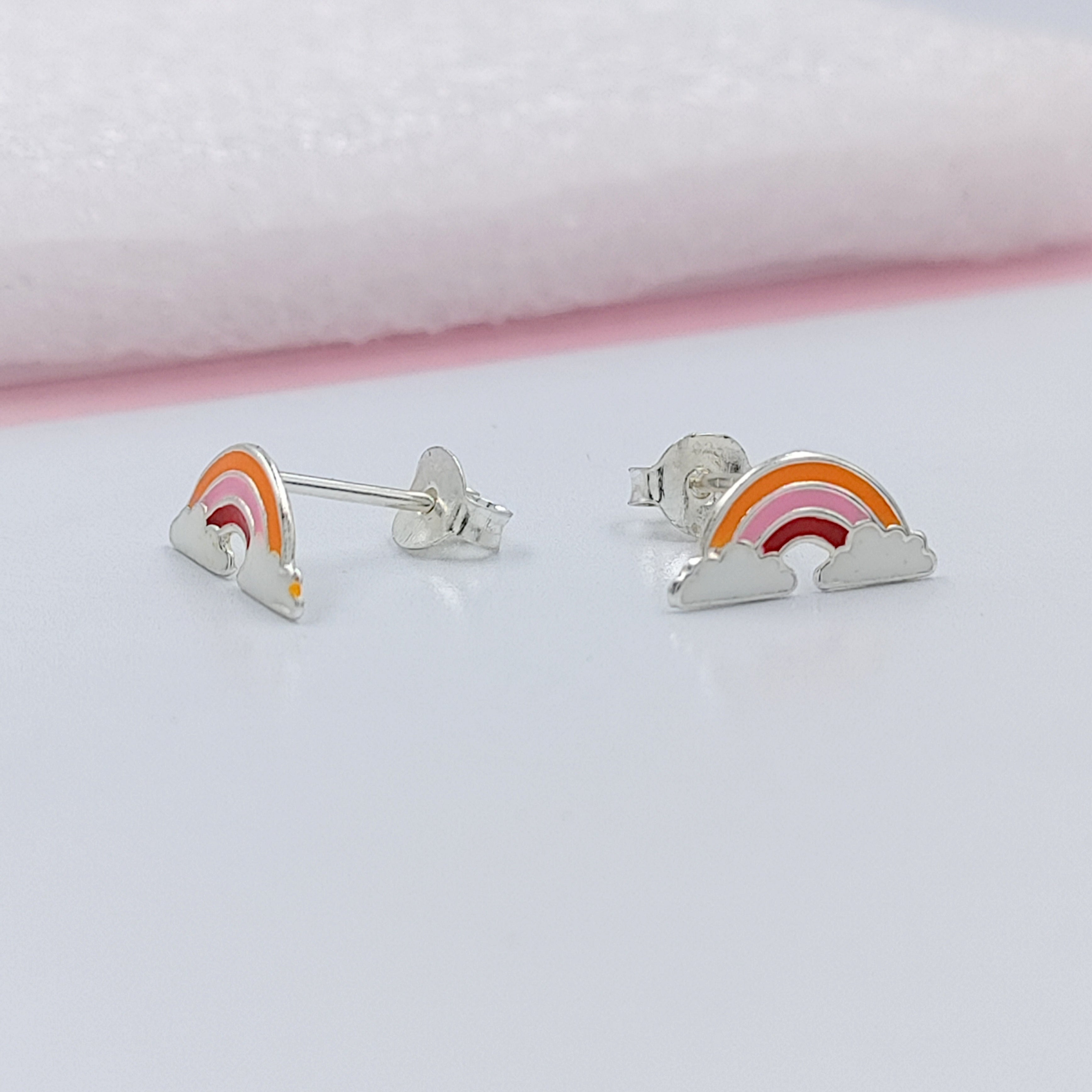925 Sterling Silver Cute Rainbow Ear Studs Tiny Earrings Enamel Cartilage Ear Studs Gift - 5x11 mm