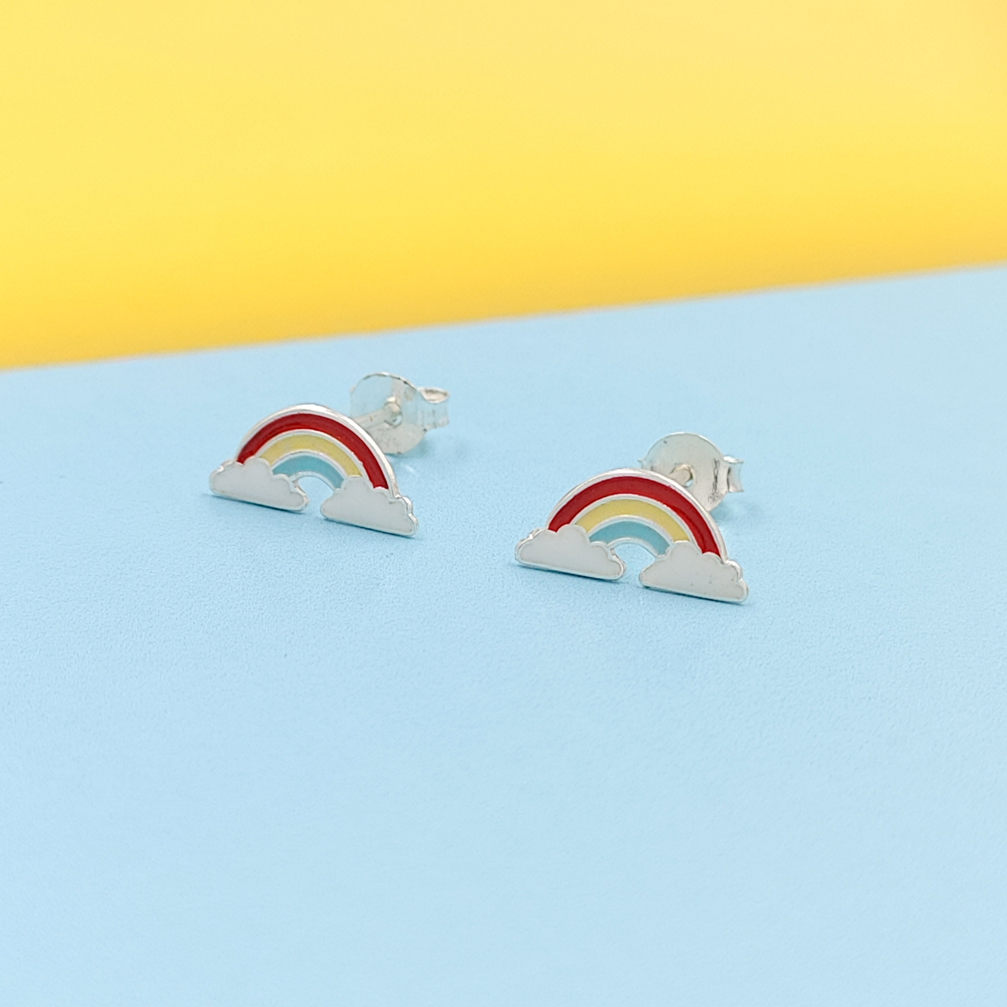 925 Sterling Silver Cute Rainbow Ear Studs Tiny Earrings Enamel Cartilage Ear Studs Gift - 5x11 mm