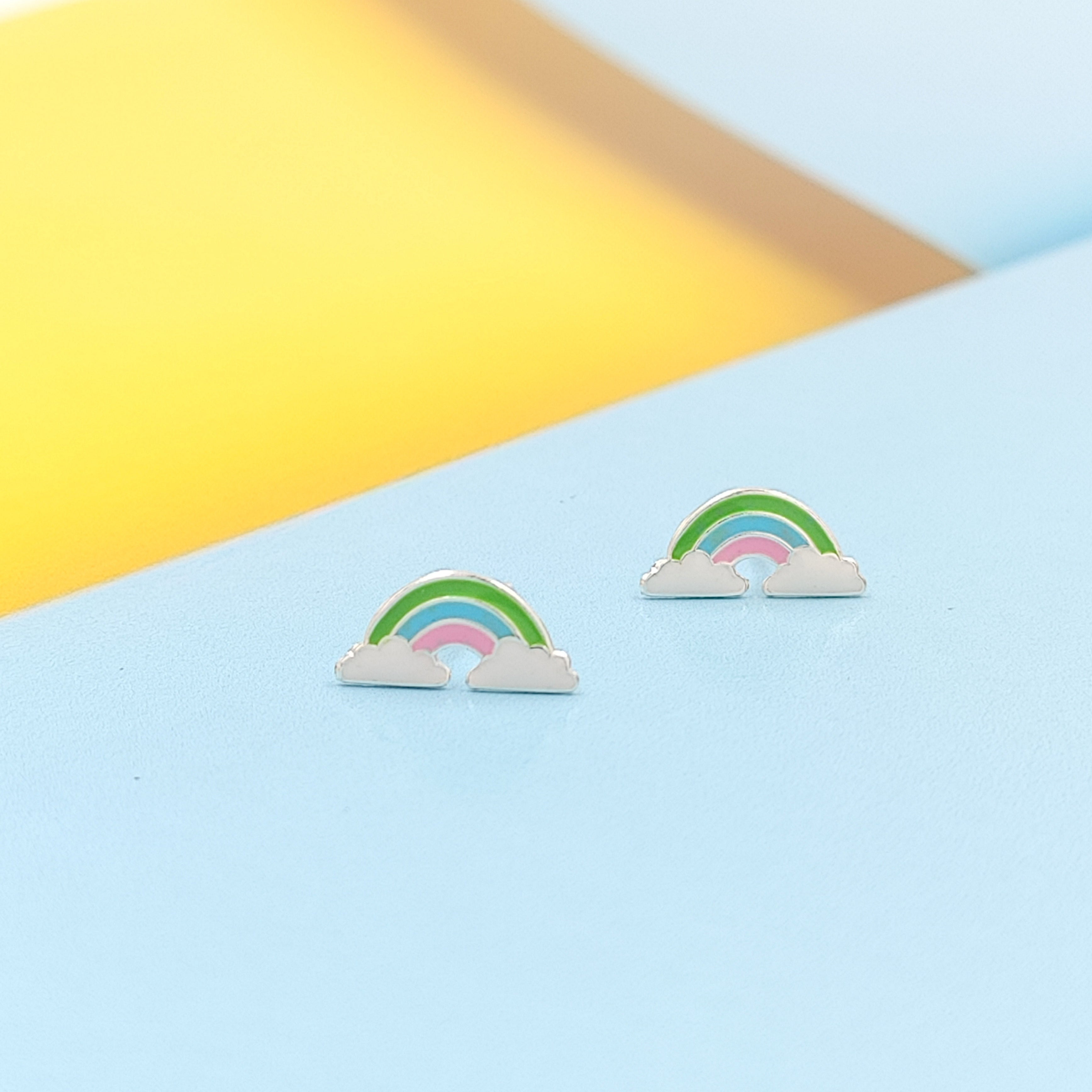 925 Sterling Silver Cute Rainbow Ear Studs Tiny Earrings Enamel Cartilage Ear Studs Girls Earrings Minimalist Handmade Gift - 5x11 mm