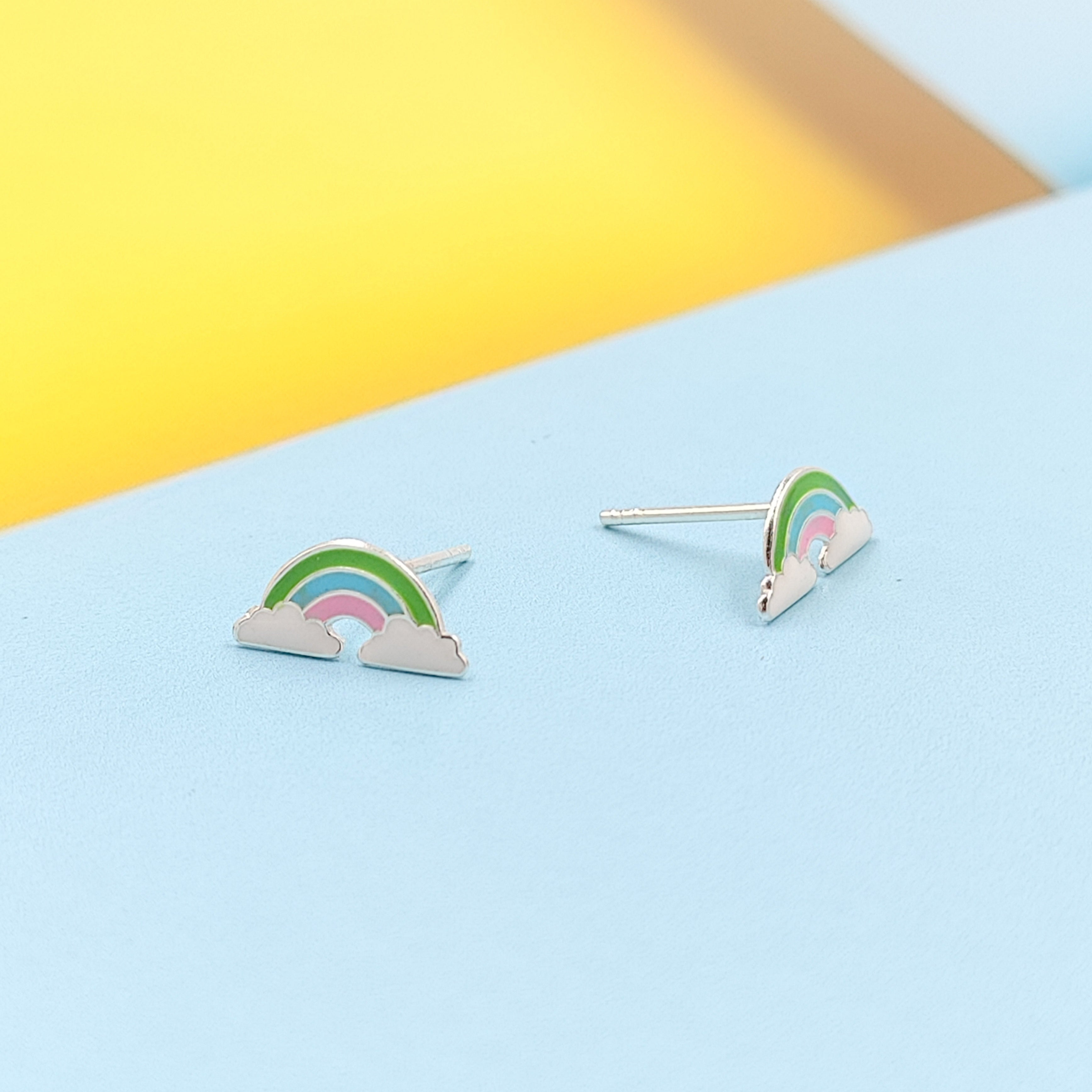 925 Sterling Silver Cute Rainbow Ear Studs Tiny Earrings Enamel Cartilage Ear Studs Gift - 5x11 mm
